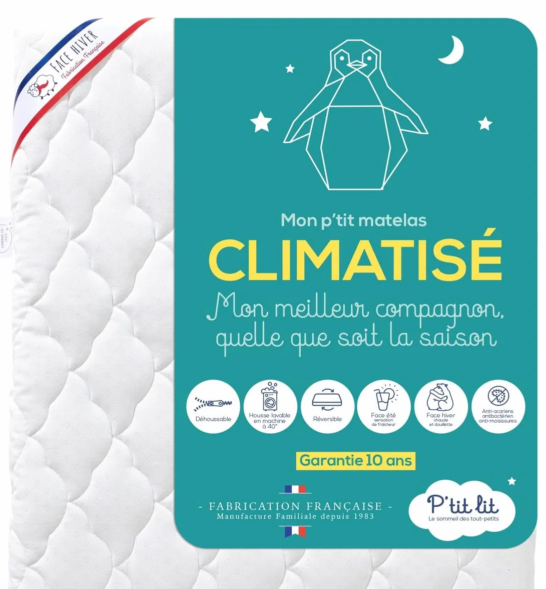 P'tit lit, Materasso Lettino Climatizzato, 60x120 cm, 1 Lato Estivo/ 1 Lato Invernale, Anti Acari, Sfoderabile, Oeko Tex, Fabbricazione europea
