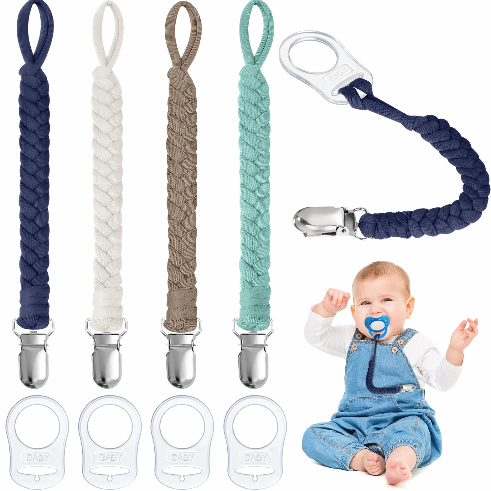 Aolso Catenella Portaciuccio, 4 Pezzi Catenella Ciuccio con 4 Pezzi Anello Adattatore Clip, Stile intrecciato Catena per Ciuccio in Cotone, per Regalo Nascita Battesimo Baby Compleanno Natale-marrone