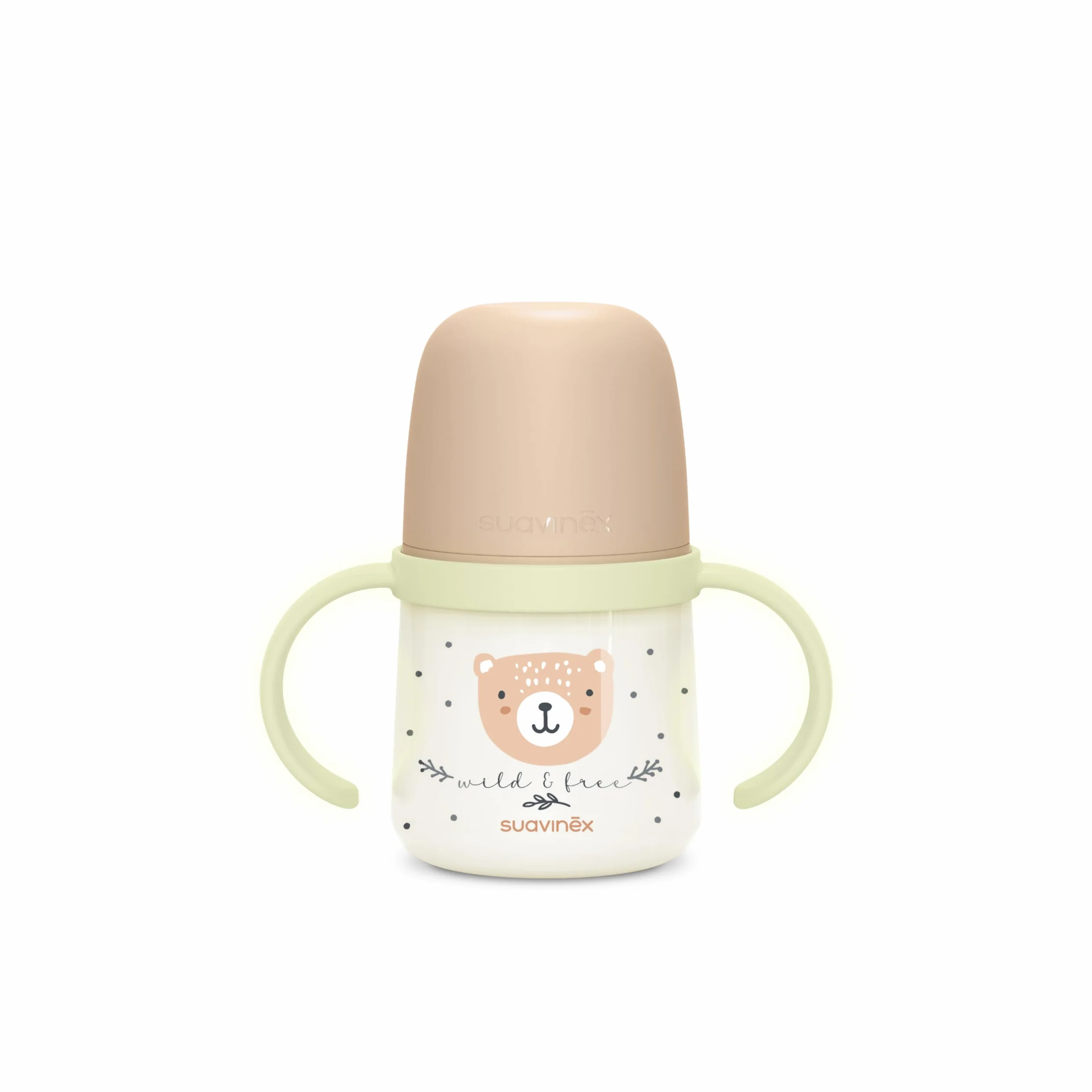 Suavinex, Vaso Aprendizaje Bebé, Taza Antiderrame, Biberón con Asas que Brilla en la Oscuridad, con Boquilla de Silicona y Válvula Anticólico, Ideal para Usar por la Noche, +6 Meses, Wild&Free Beige
