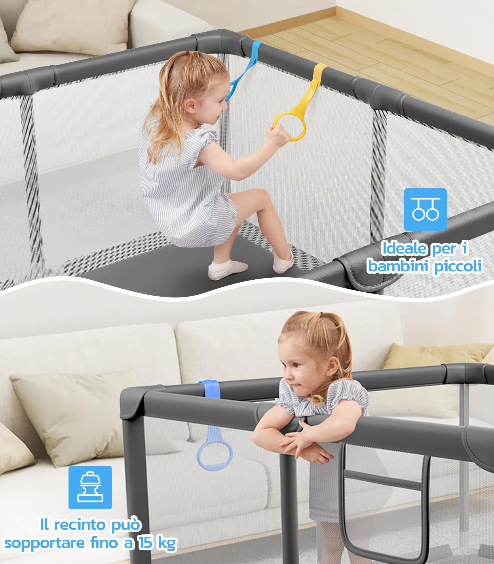 Dripex Box per Bambini Recinto Neonato - Small - Grigio Scuro | 124 x 124 cm Rete Traspirante Tessuto Oxford 210D, 2 Anelli di Gioco