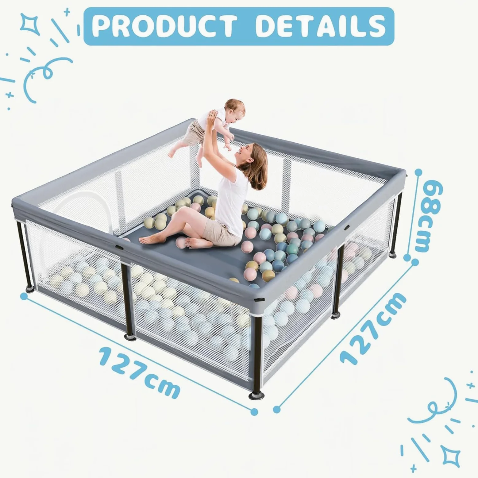 Box per bambini, 120 x 120 cm, con 2 anelli, con rete traspirante e chiusura lampo, colore: grigio scuro