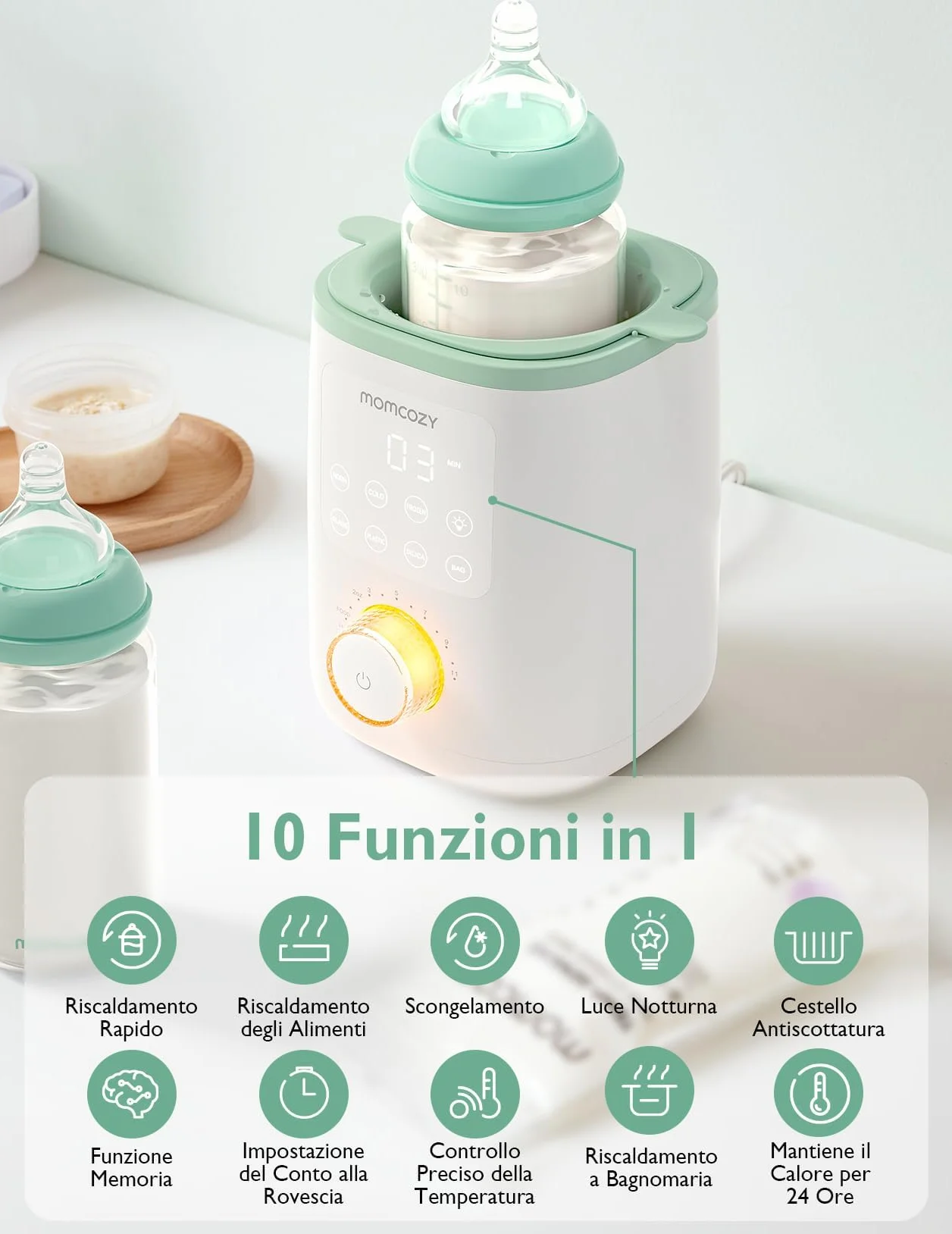 Momcozy MW02 Nutri scaldabiberon Baby con controllo preciso della temperatura e luce notturna | 9-in-1 scaldabiberon con riscaldamento rapido, spegnimento automatico e compatibilità universale per