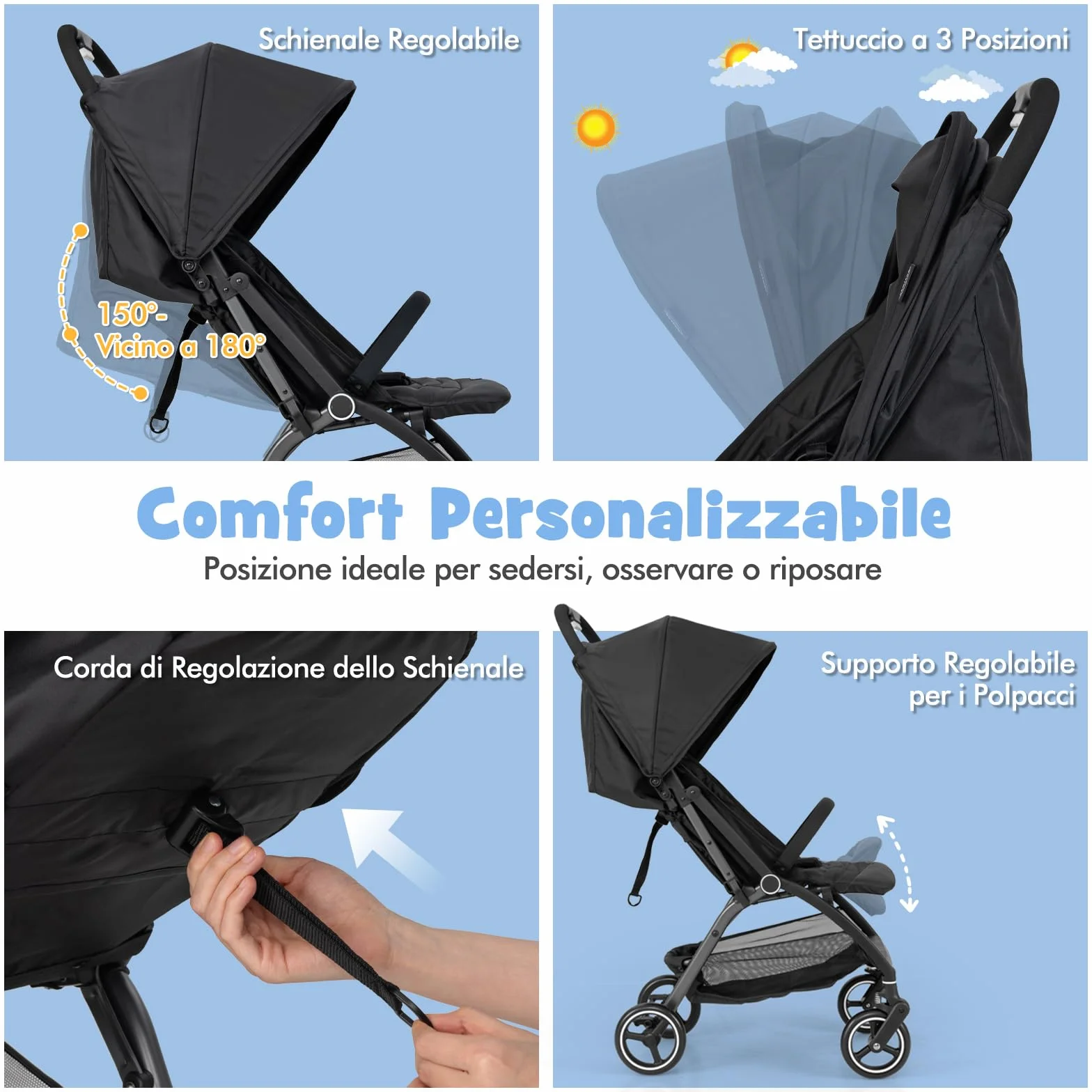 COSTWAY Passeggino Leggero per Bambini, Passeggino Pieghevole con Schienale Regolabile, Tettuccio, Cintura di Sicurezza a 5 Punti, Cestello Portaoggetti, per Bambini 0-36 Mesi (Nero)