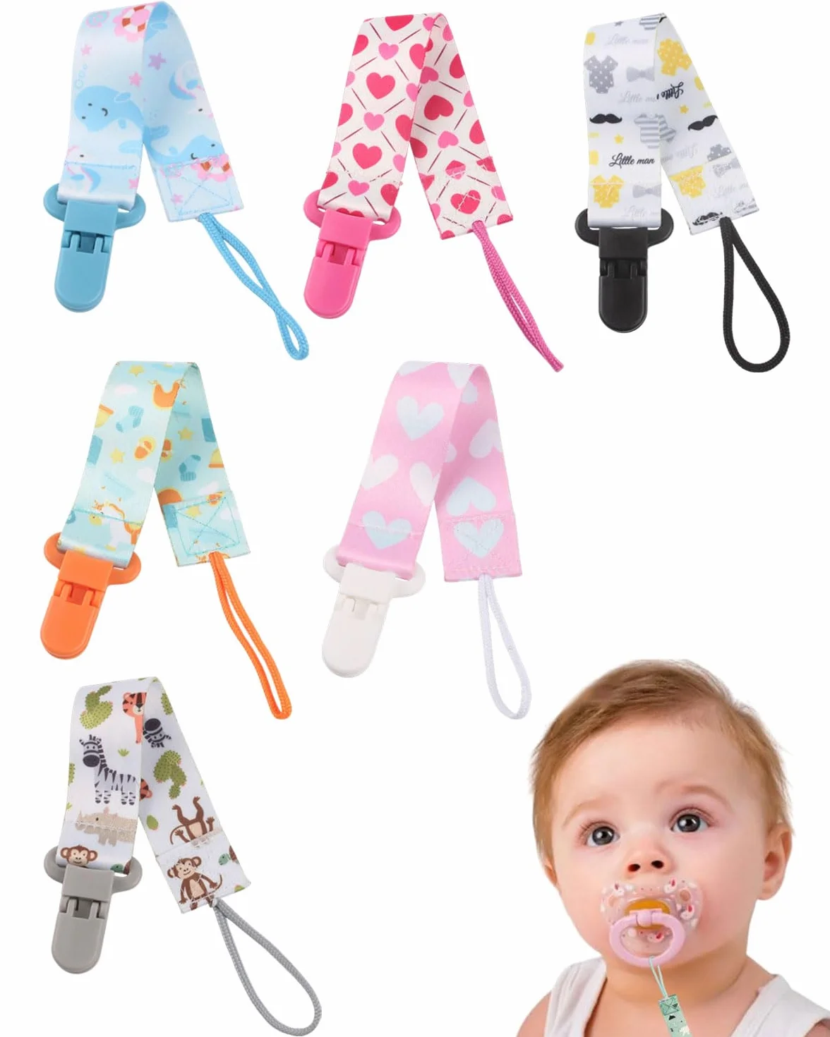 6 Pezzi Ciuccio Catena per Bambini, Catenella Porta succhietto Ciuccio Clip Adattatore per Neonato per Nascita Battesimo Baby Compleanno Natale Regalo