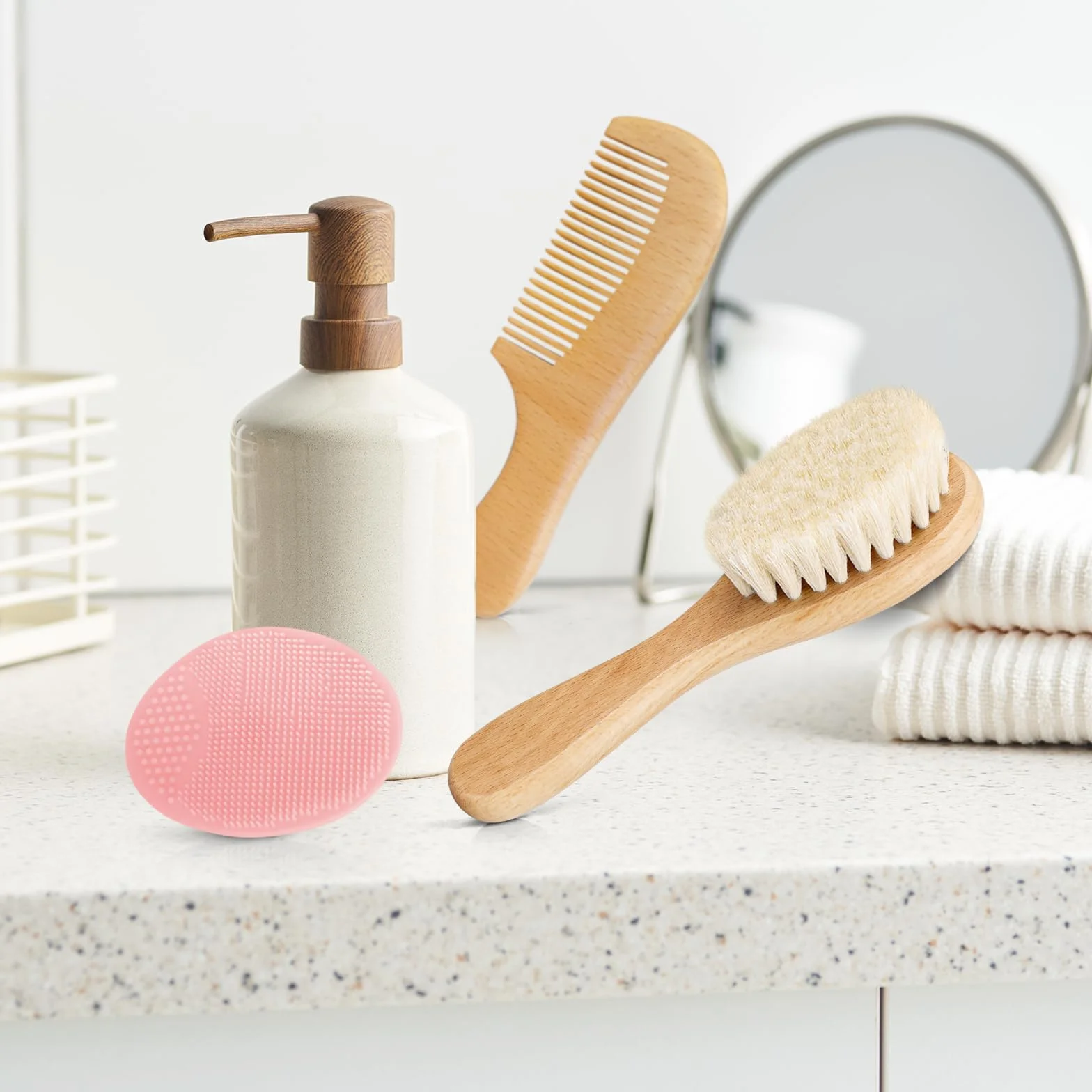 Set di 3 spazzole e pettini per bambini, con setole di capra e setole in silicone, per neonati e bambini (Rosa Brosse in silicone)