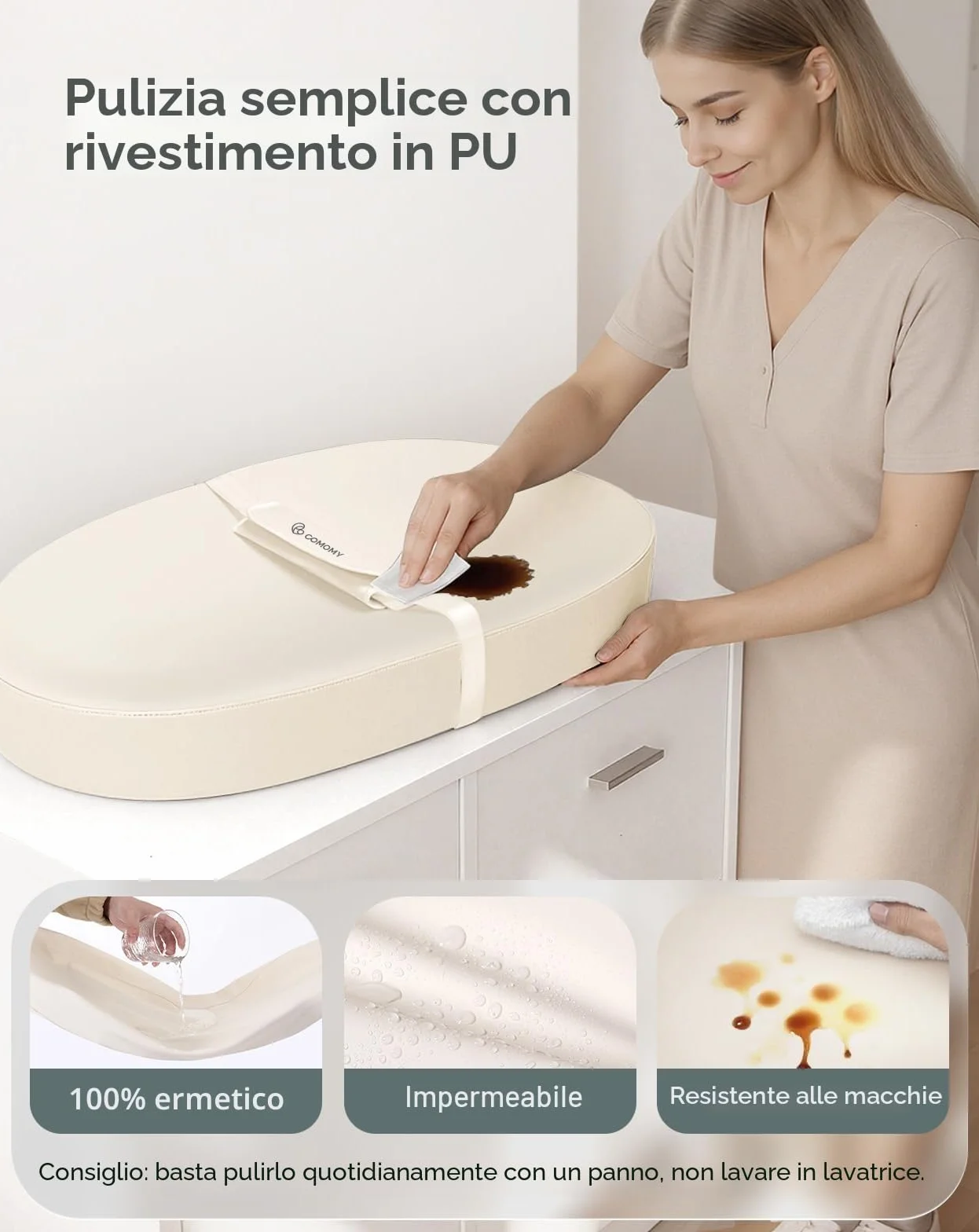COMOMY Materassino Fasciatoio in Pelle Vegana, 80 x 40 cm, Impermeabile e Lavabile, con Cintura di Sicurezza e Design Antiscivolo, Morbido Cuscino per Fasciatoio Leggero (Beige)