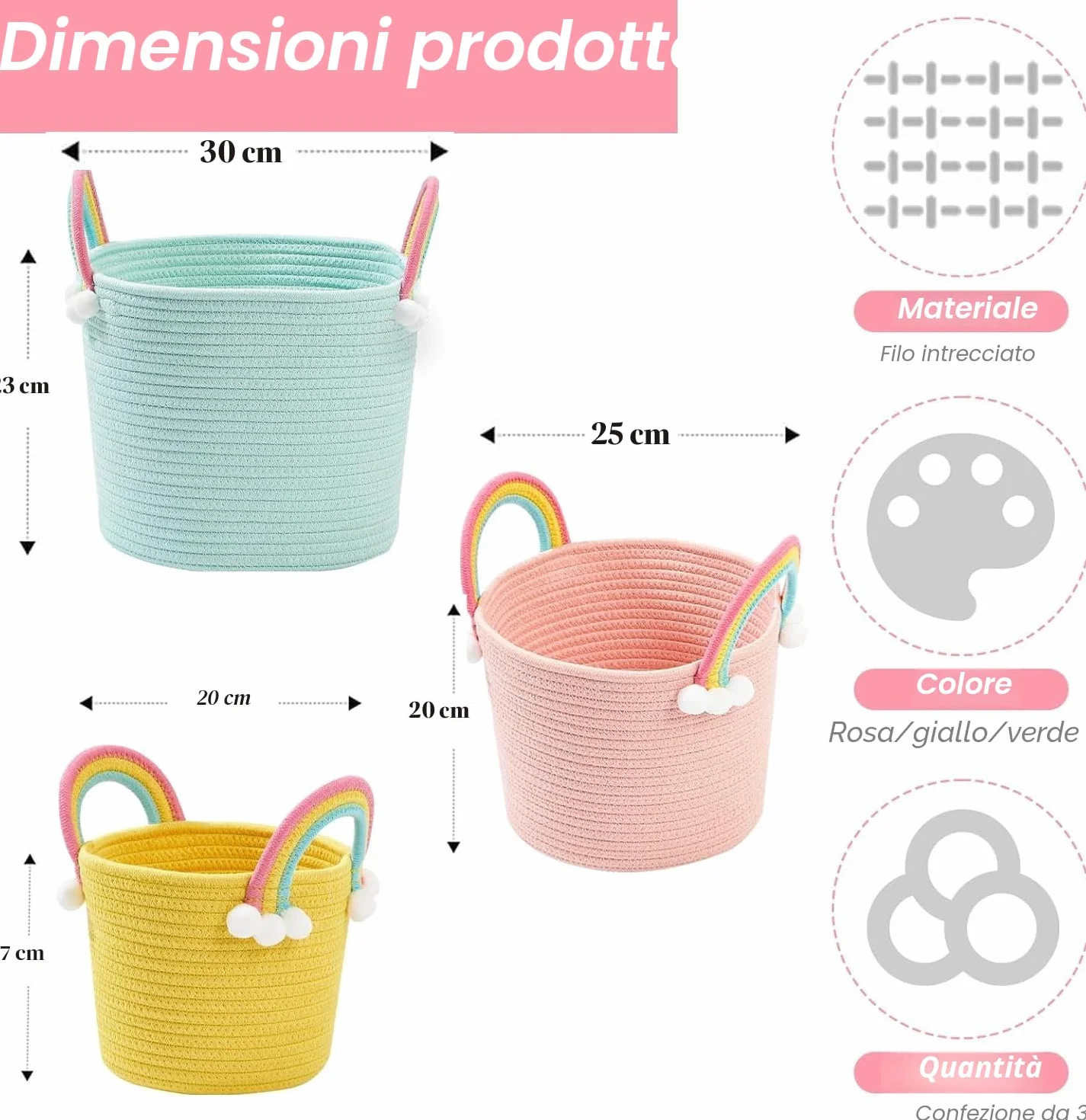 Cesto portaoggetti per bambini, per giocattoli, per vestiti, 3 pezzi, design floreale, tessuto morbido con manico, perfetto per organizzare l'asilo (cesto arcobaleno)