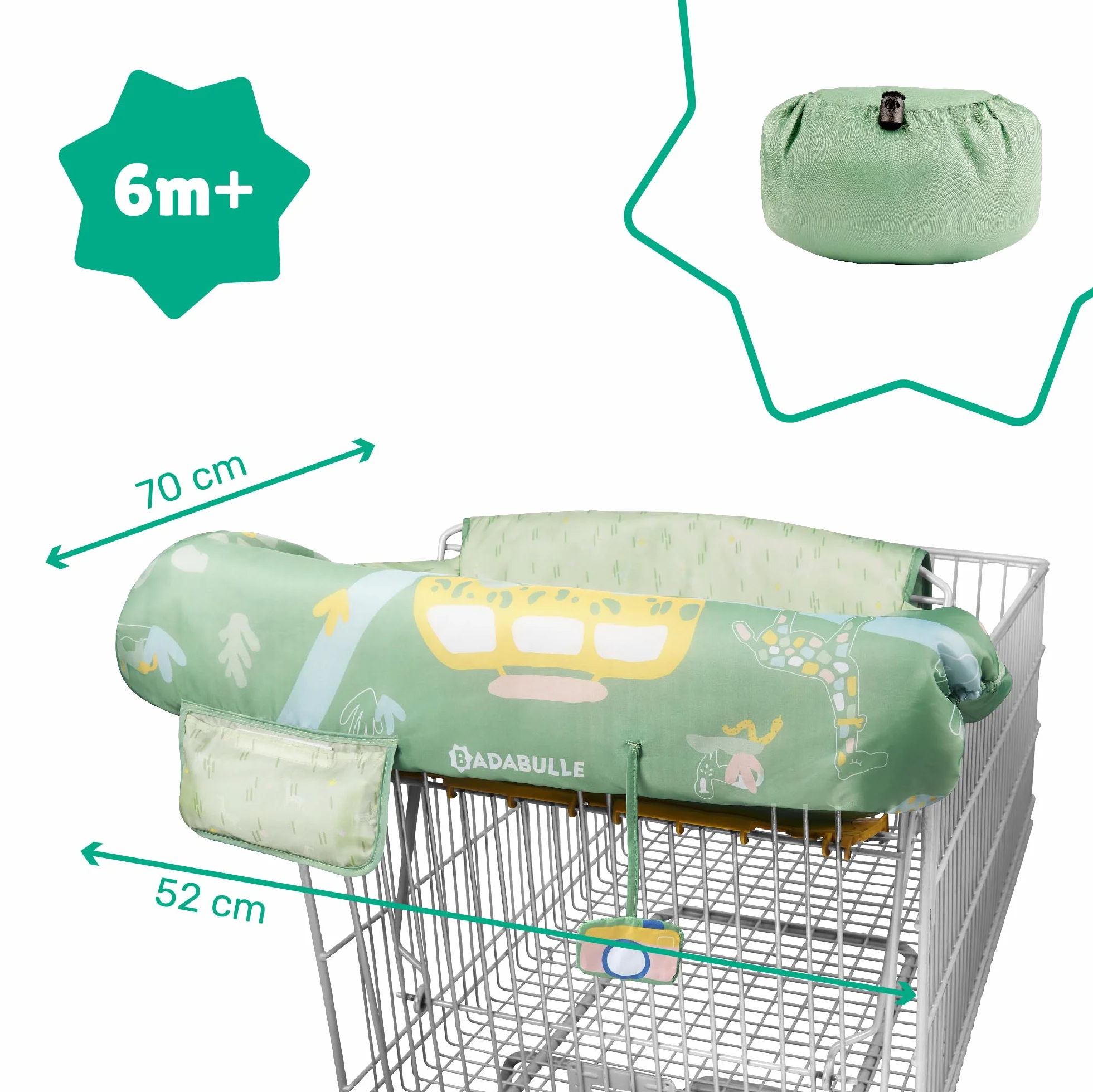 Badabulle Protezione per il sedile del carrello - Universale - Tasca portaoggetti e giocattolo sensoriale integrati - Conservazione ultra compatta
