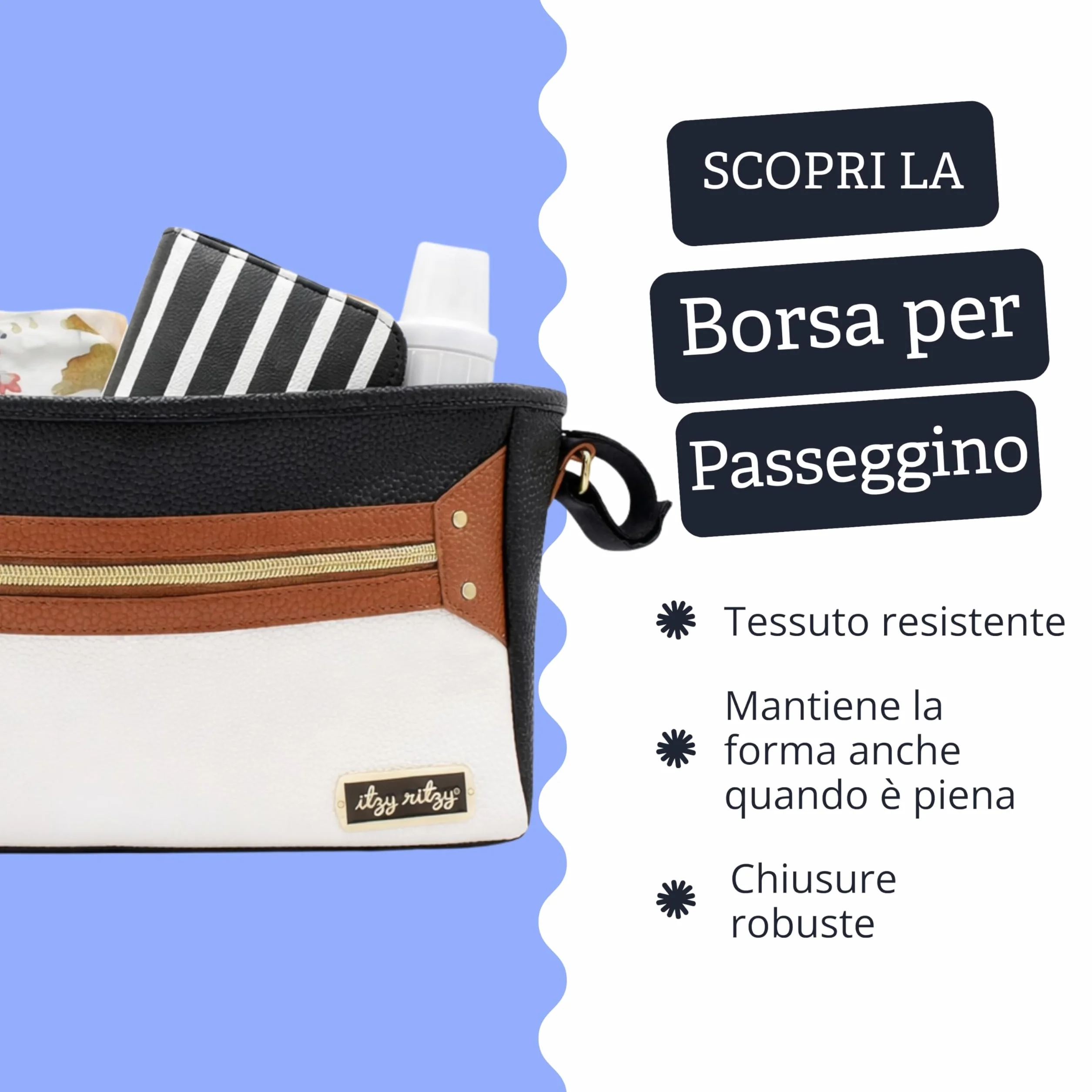 Itzy Ritzy Organizer regolabile per passeggino, dotato di due tasche frontali integrate con cerniera e cinghie regolabili per adattarsi a quasi qualsiasi passeggino, caffè e crema