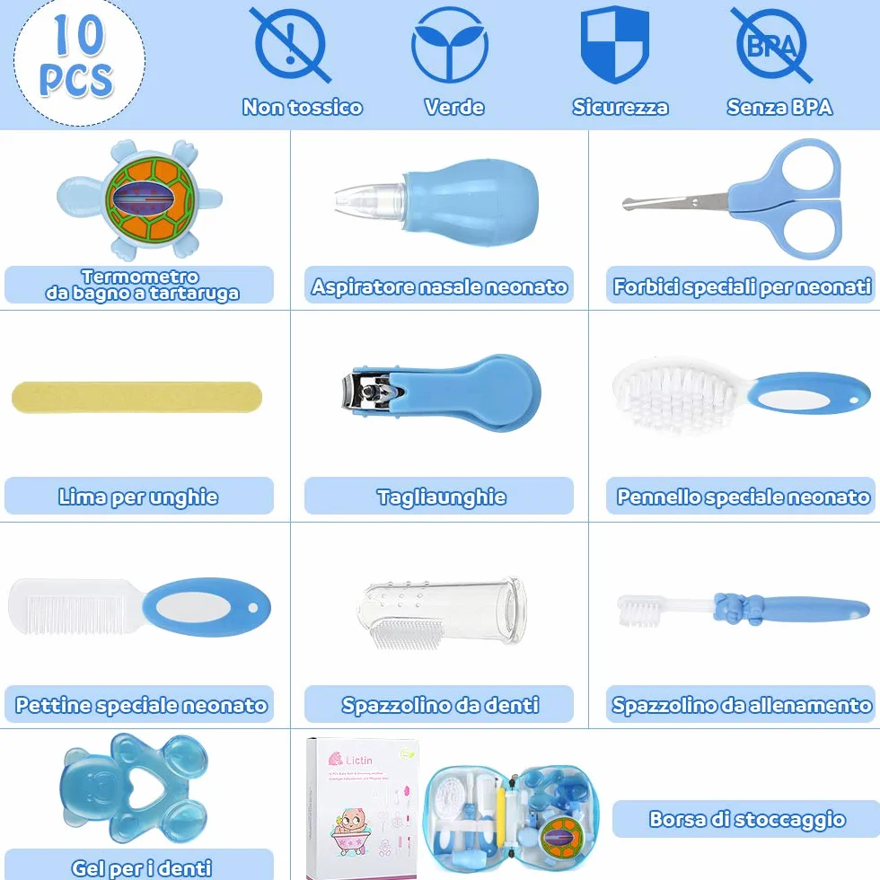 Lictin Set per la Cura del Bambino - Beauty BabyCare - Calibro, pettine, spazzolino da denti, dispositivo di aspirazione nasale e altri accessori (azzurro)