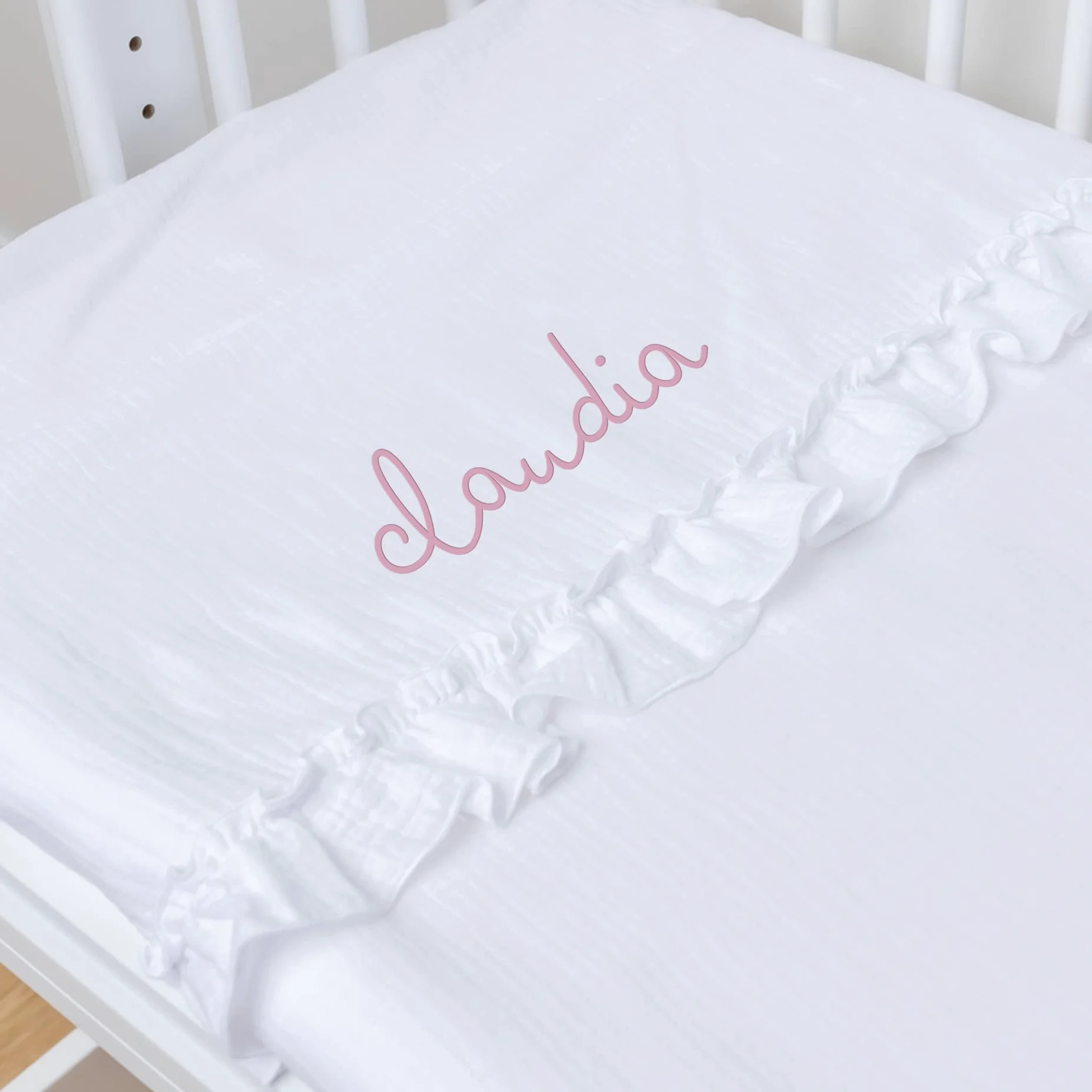 Nenel Completo da lenzuoli Personalizzati Ricamati con il nome dei bebè - Completo 3 Pezzi (Lenzuolo sotto + Lenzuolo + Federa per Cuscino) - Bambula - Bianco, Culla 60x120 cm