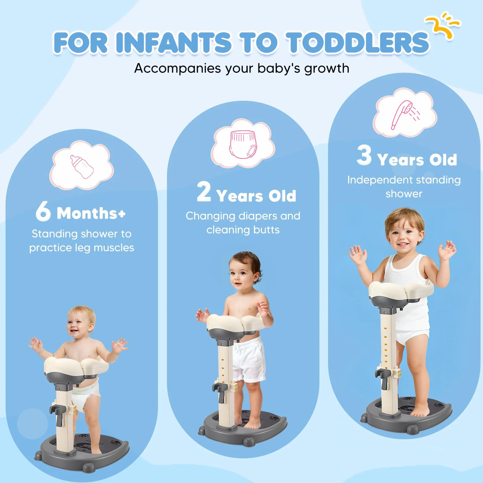 Supporto per doccia per bambini, regolabile in altezza 40-57 cm, sedia da bagno con base antiscivolo e sgabello rimovibile, senza BPA, supporto doccia per bambini da 6 a 36 mesi, per fare il
