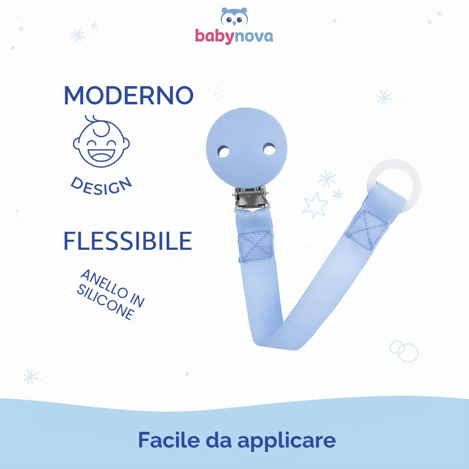 babynova Catenella portaciuccio con cinturino in tessuto, clip e anello in silicone – Portaciuccio per neonati – Adatto a qualsiasi ciuccio – Essenziale per neonati – Senza BPA – Blu
