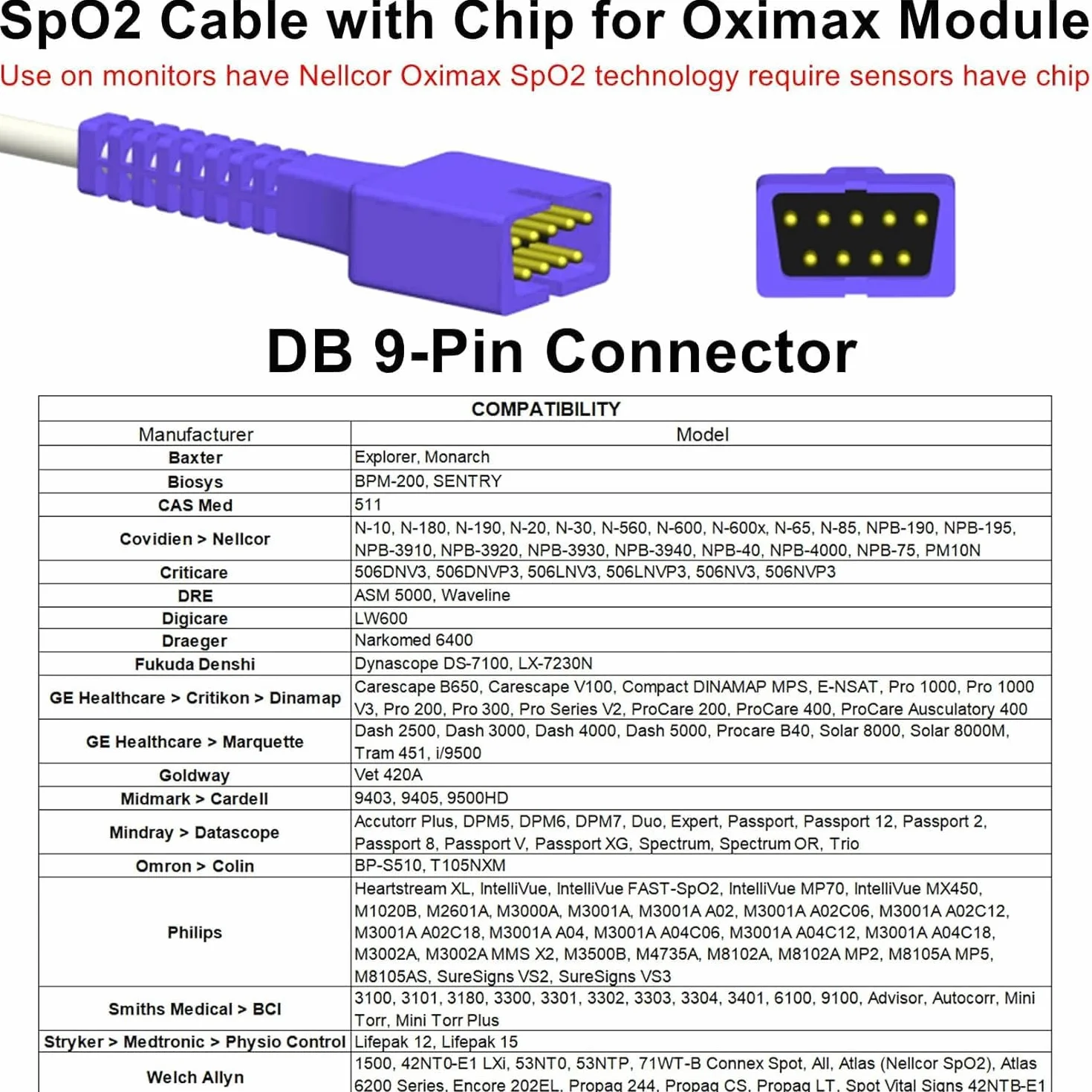 Compatibile con il sensore SpO2 Nellcor Oximax DS-100A a 9 pin, sonda per neonati in silicone morbido da 3,2 piedi