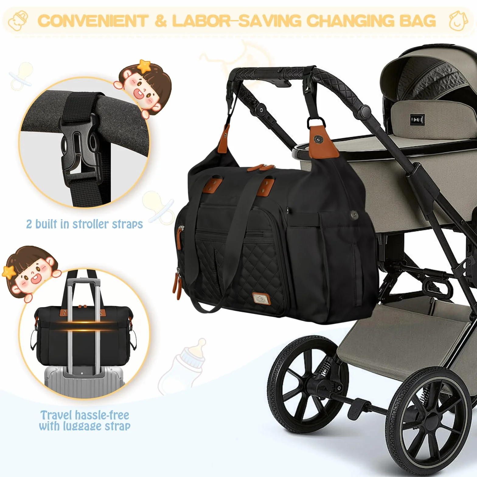 RINSMORE Borsa Fasciatoio Neonato Bambini per Passeggino con Fasciatoio Portatile e Ganci Passeggini Impermeabile Multifunzionale Borsa Mamma e Papà