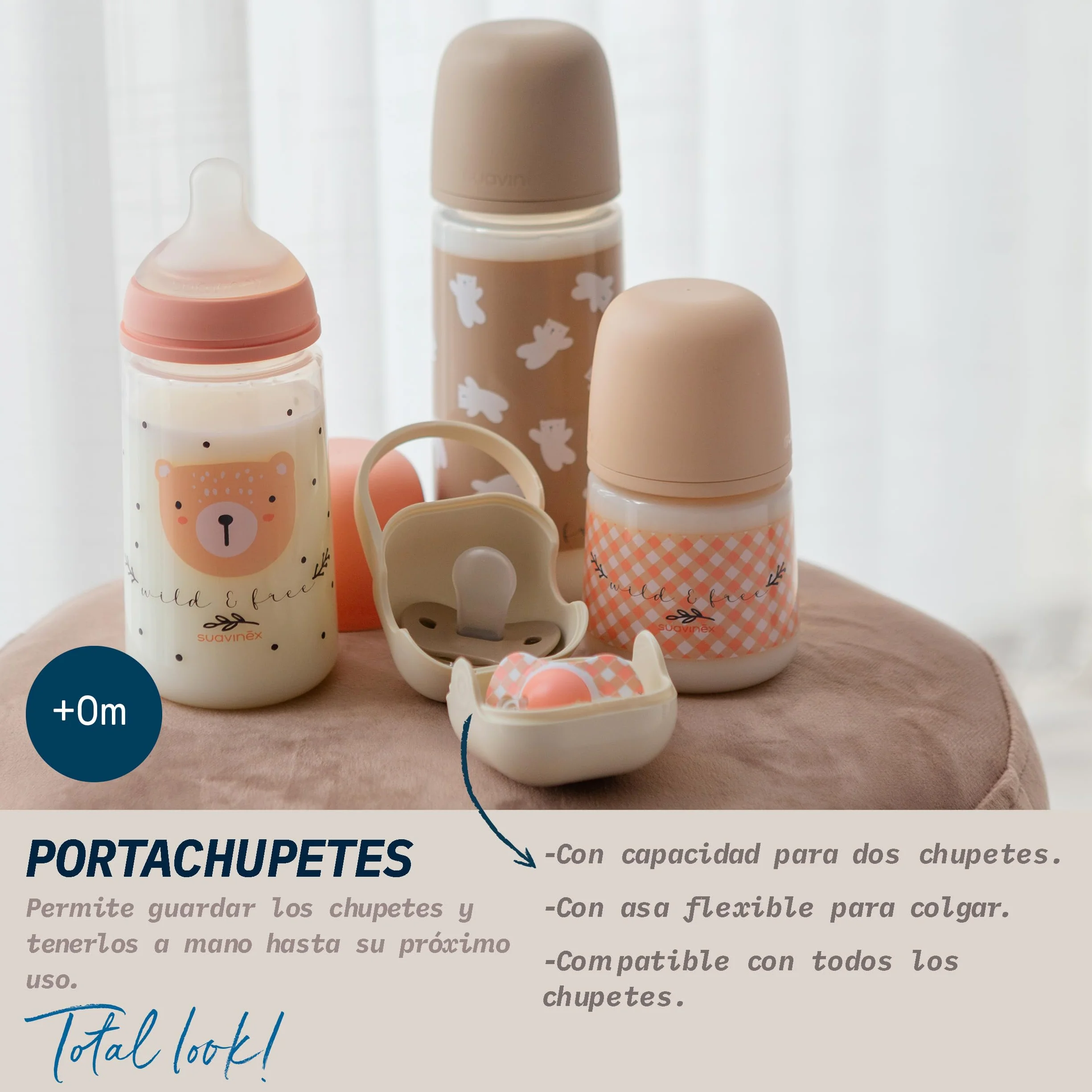 Suavinex, Portachupete Bebé, para Llevar 2 Chupetes, Caja - Funda Resistente y Fácil de Limpiar, con Asita Flexible para Colgar del Bolso, Carro o Cuna, Cierre Seguro, +0 Meses, Wild&Free Beige