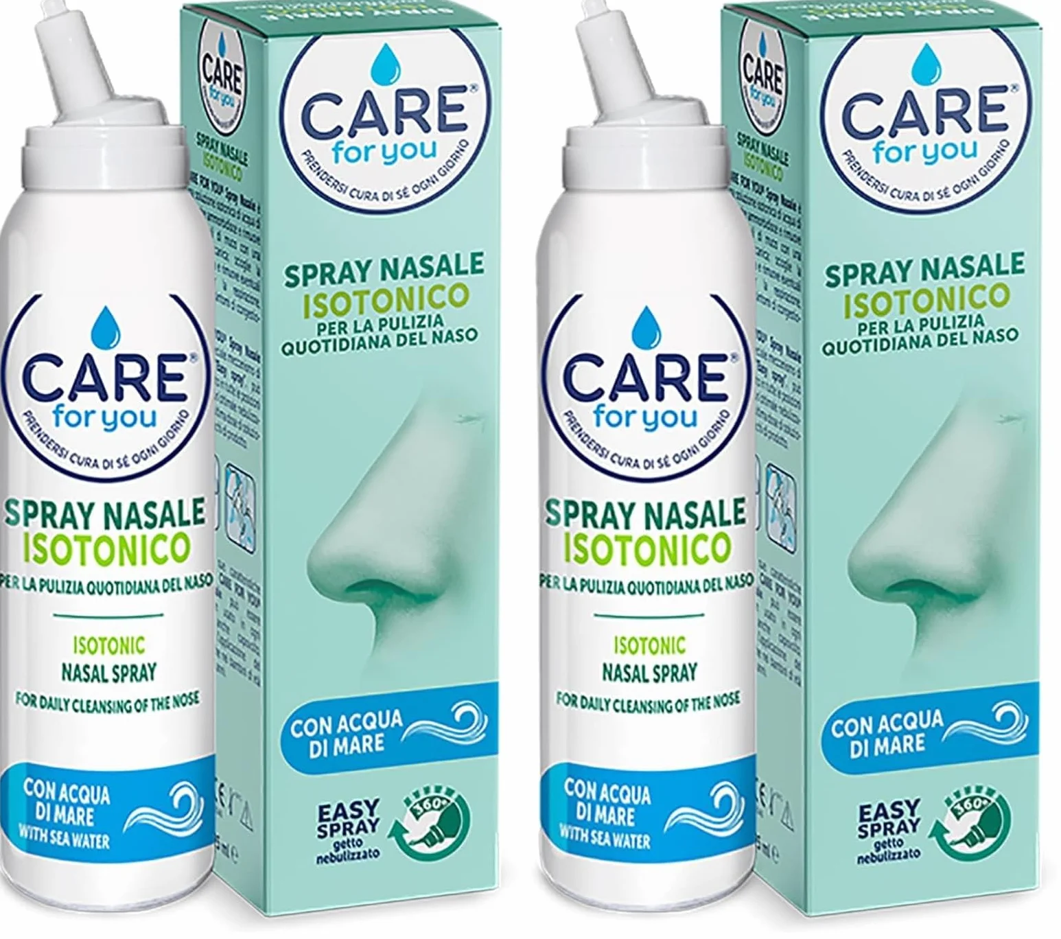 CARE for You, Spray Nasale Isotonico - Spray Lavaggi Nasali Nebulizzato, con Acqua di Mare Ricca di Oligoelementi, per la Pulizia Quotidiana Del Naso, 125 ml (Confezione da 2)