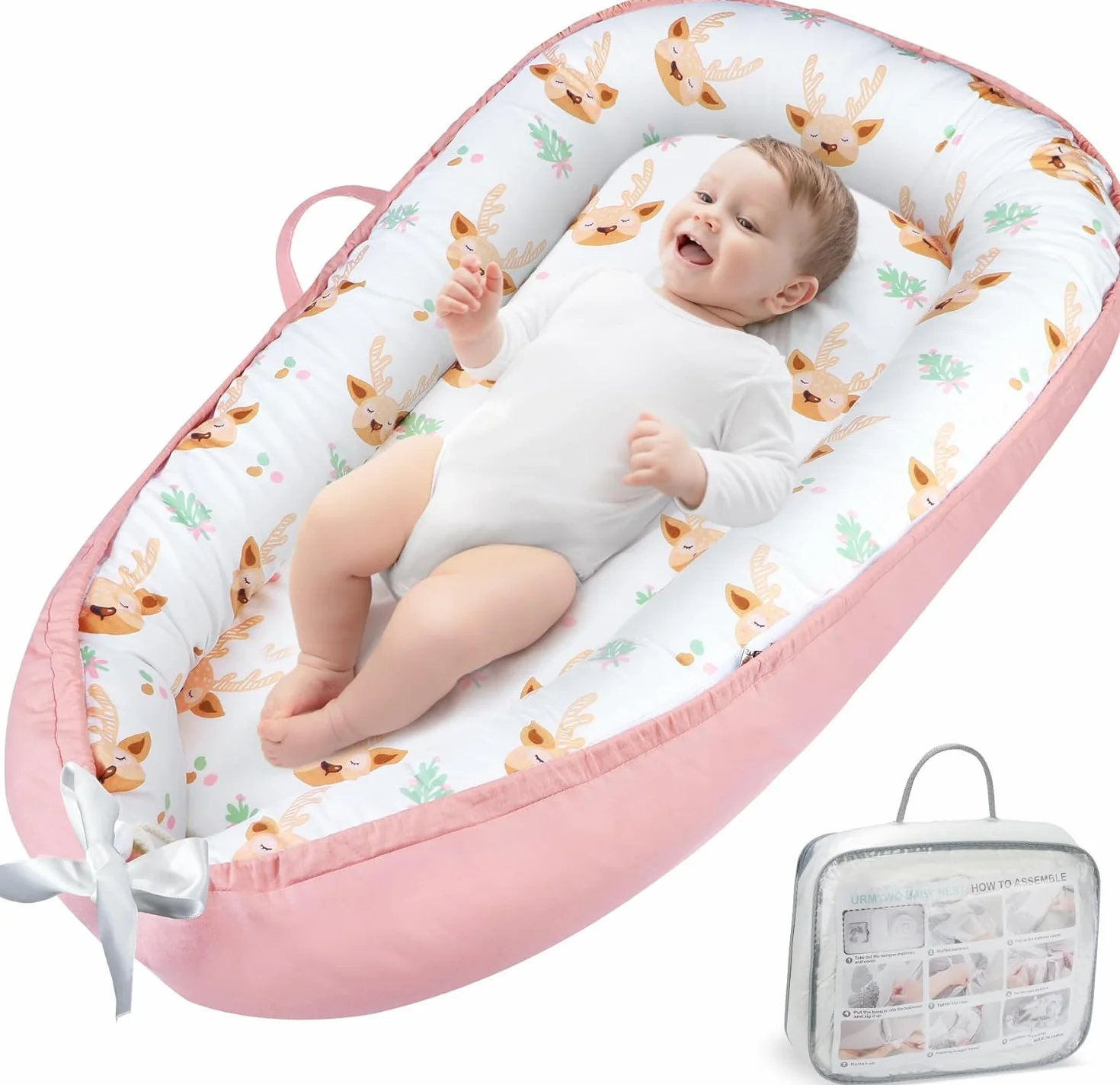 URMYWO Riduttore Lettino Neonato 90x55 cm Cuscino Doppia Faccia Riduttore per Culla Neonato in Cotone 100% Puro Fatto a Mano per Massimo Comfort (Rosa)