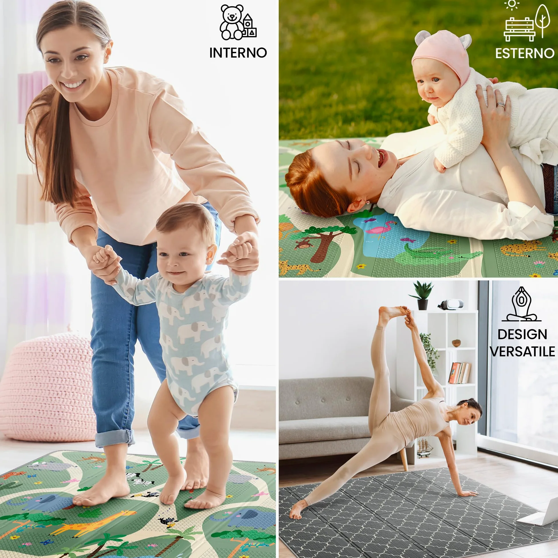 Tappeto Gioco Bambini Pieghevole – Tappeto Gioco Neonato, Tappeto Neonato Gattonamento, Tappeto Tummy Time Neonati, Tappetone Neonato Morbido, Tappeto Gomma Bambini, 180x200cm - Safari