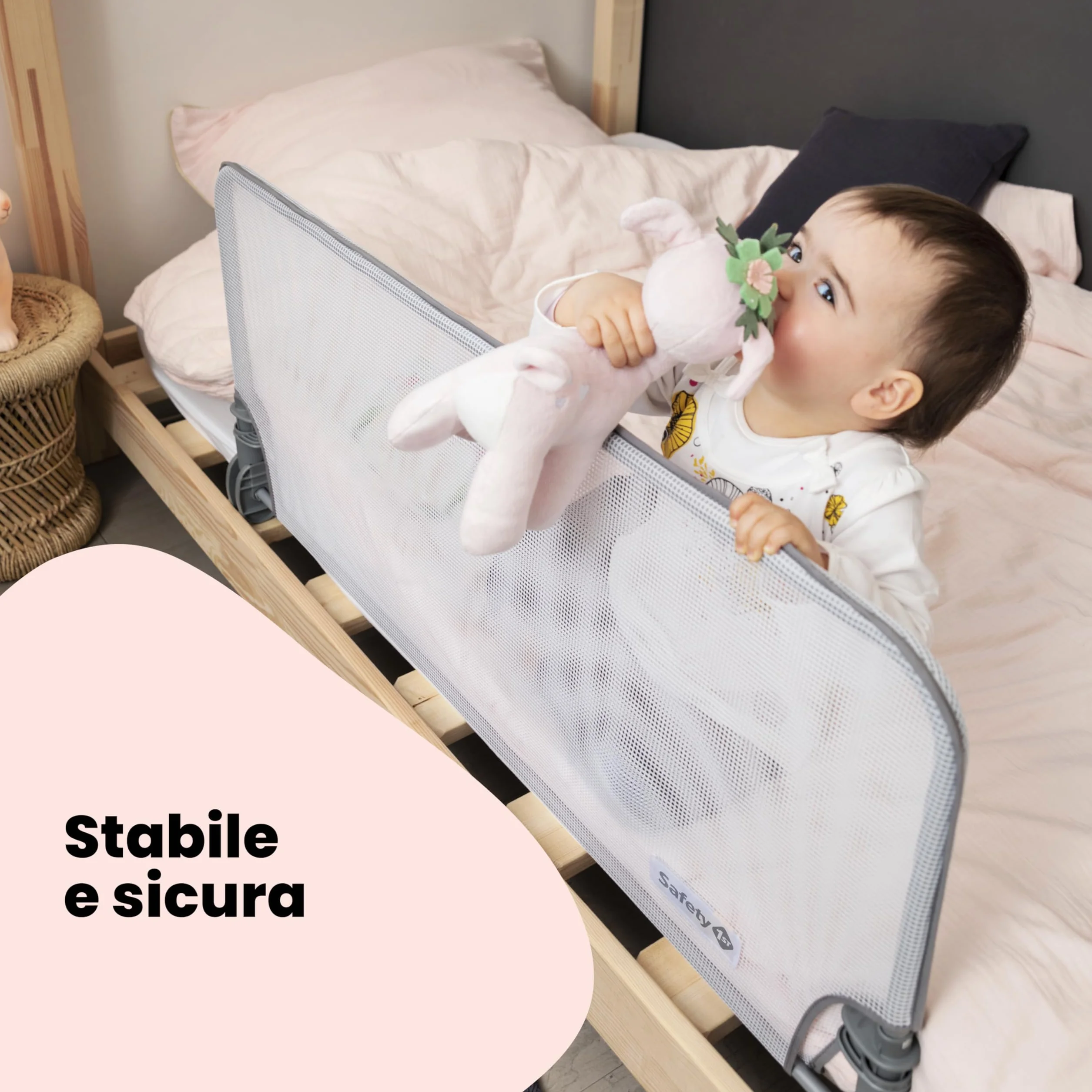 Safety 1st Barriera Letto Bambini 150 cm, Sponda 18 Mesi - 5 Anni, Sbarra Letto Bambini Reclinabile, Paracolpi Tessuto in Rete, Blocco Automatico, Semplice da Pulire, Bianco