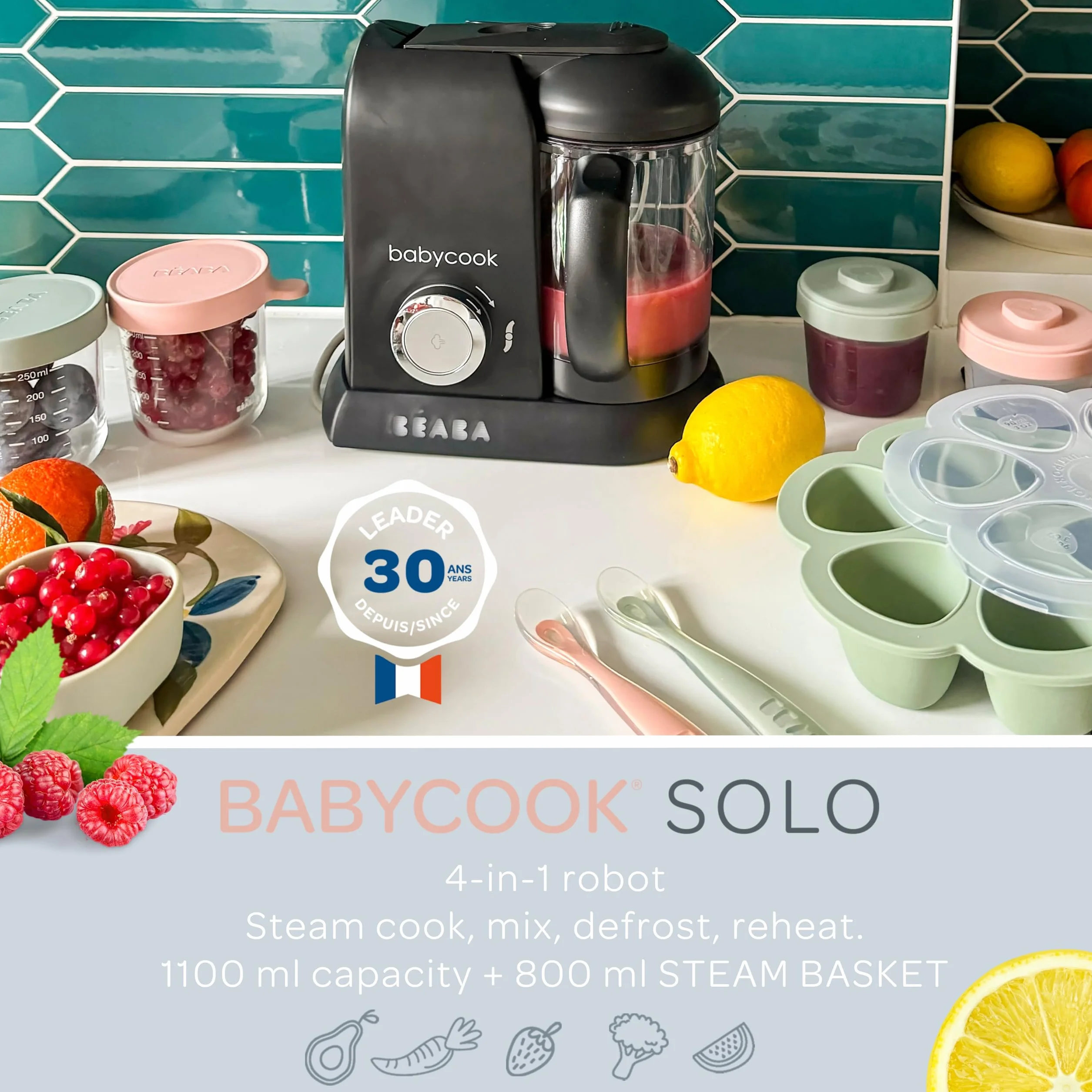Béaba - Babycook Solo - Macchina per la pappa per bambini - 4 in 1: Processore, frullatore e fornello - Cottura a vapore morbida - Veloce - Diversificazione alimentare per il tuo bambino - Black