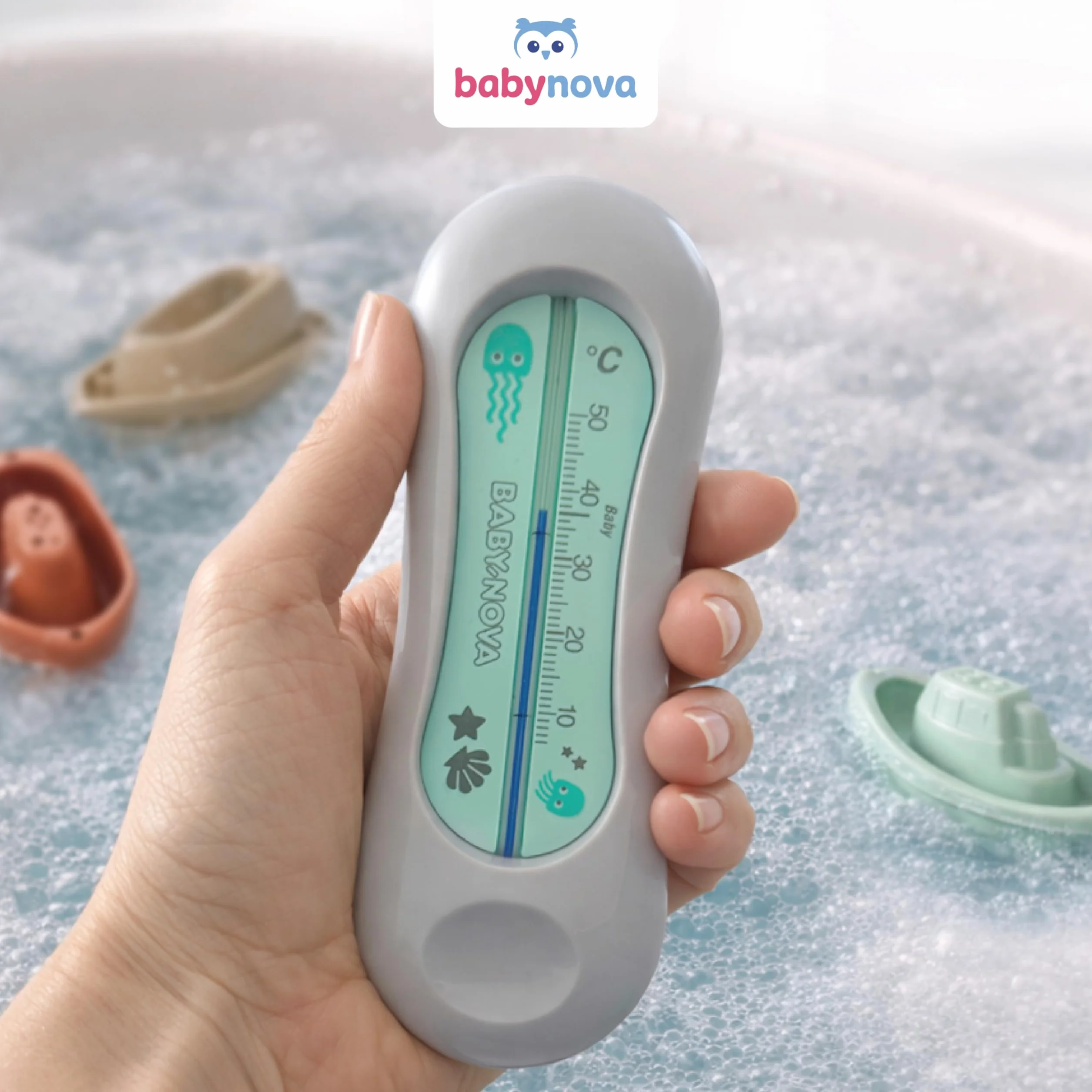 babynova Termometro da bagno per bambini – Termometro dell’acqua sicuro per il bagnetto – Termometro per la temperatura del bagno per neonati – Senza BPA - Grigio