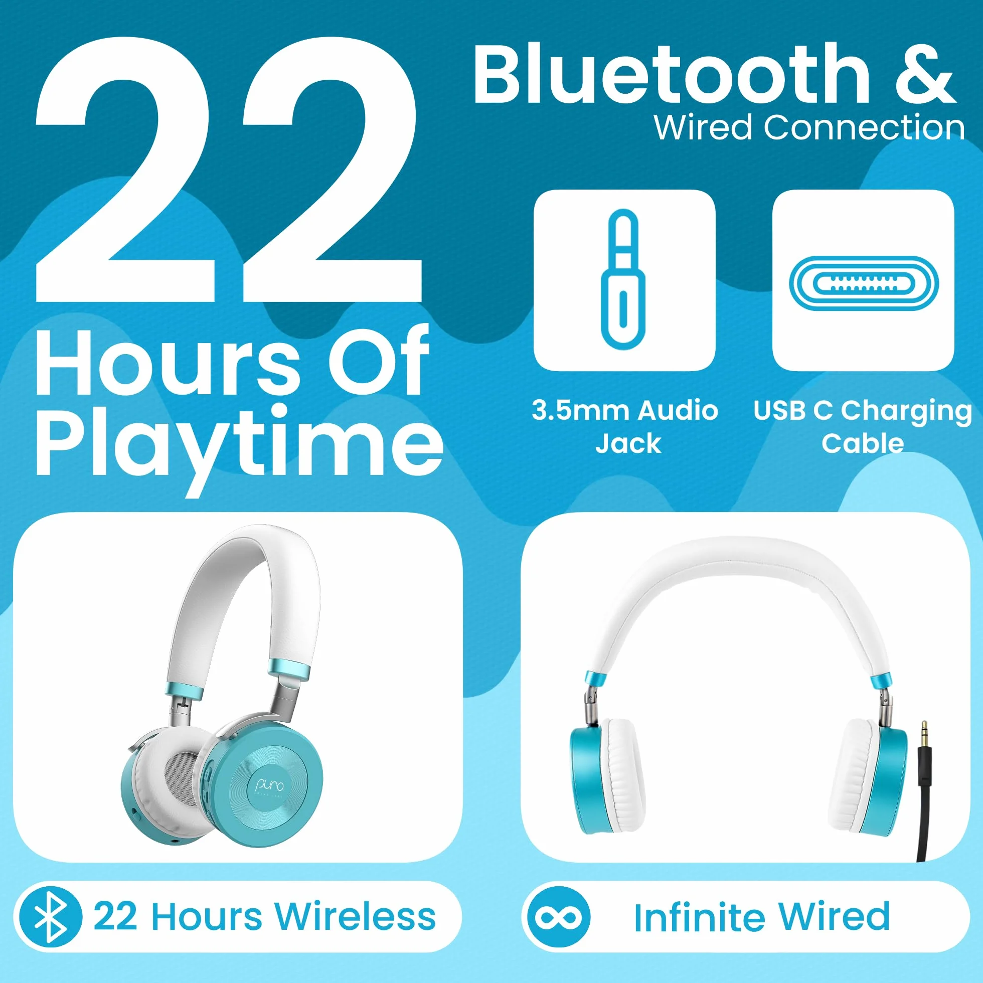 Puro Sound Labs JuniorJam Plus - Auricolari con limitazione di volume per bambini, limite di 85 dB, cuffie Bluetooth regolabili per tablet, smartphone, computer, 22 ore di autonomia