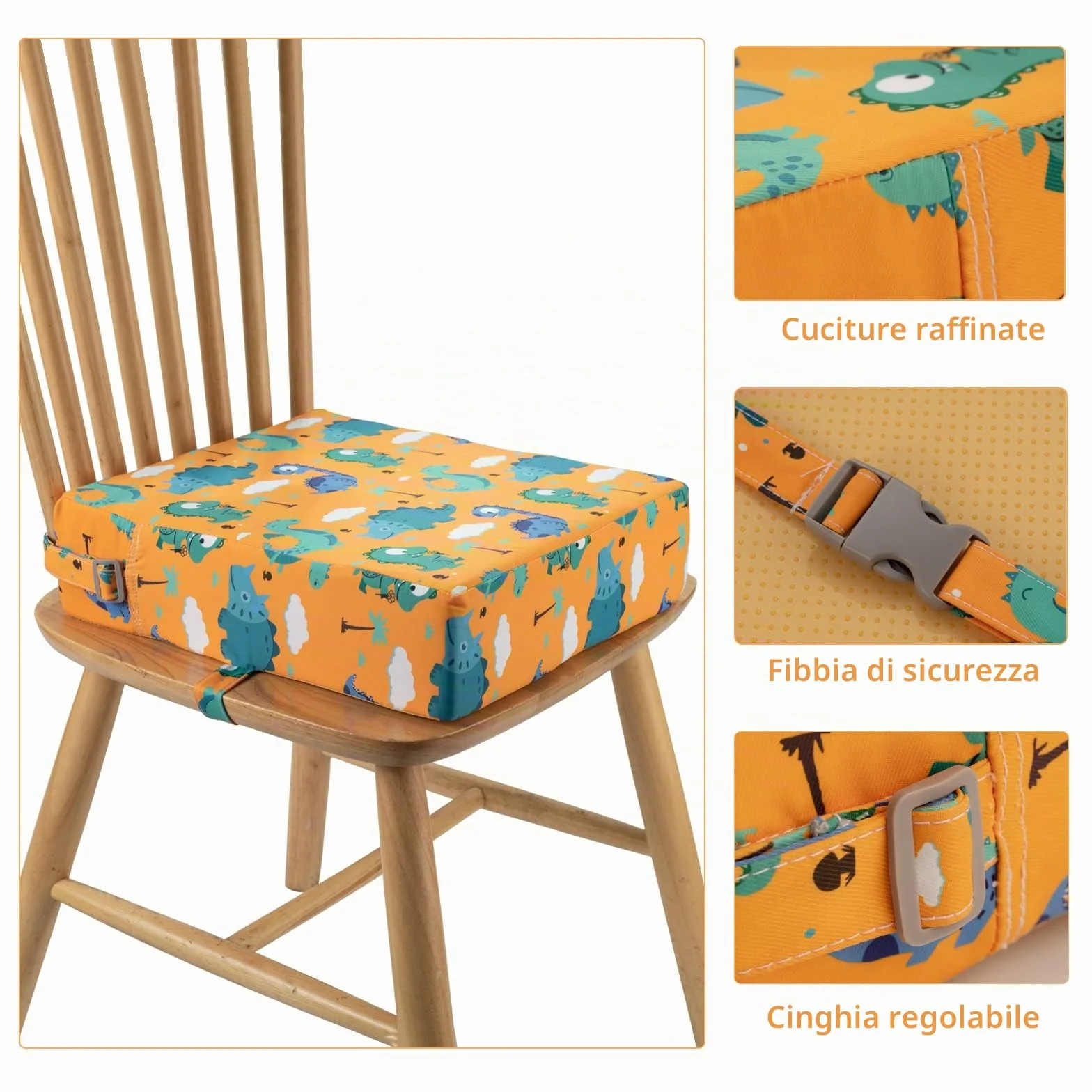 Rialzo Sedia Bambini - Cuscino Rialzo Sedia per Bambini,Supporto più Forte Fondo Antiscivolo Doppia Cinghia Sicura Cuscino(Arancione)