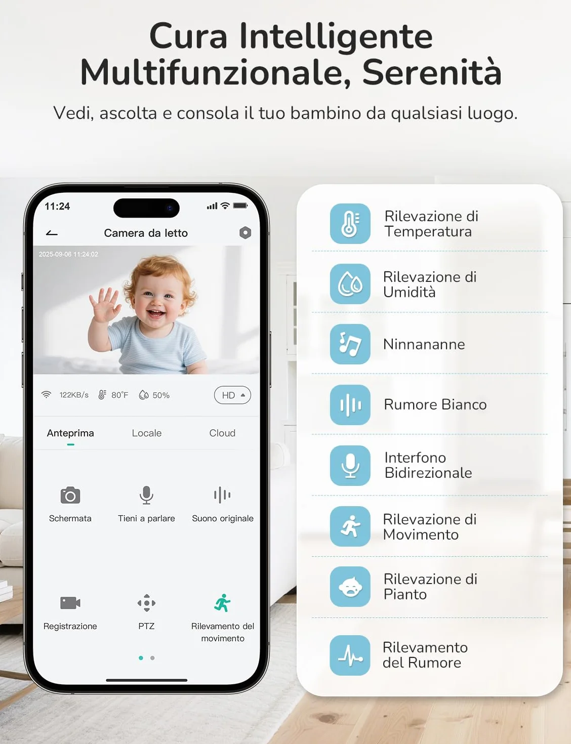 GHB Baby Monitor Video e Audio 5", Telecamera 2K, 350°/65° PTZ, 3000mAh, Controllo Tramite App e Monitor IPS, Rilevamento di Movimento/Pianto/Temperatura, Visione Notturna
