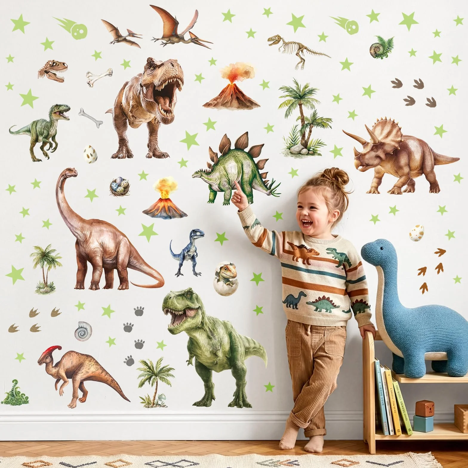 DECOWALL Adesivo da parete con dinosauro luminoso, grande T-Rex luminoso, triceratopo e vulcano, decorazione luminosa del cielo notturno, per cameretta dei bambini e sala giochi (GDS4-7004)