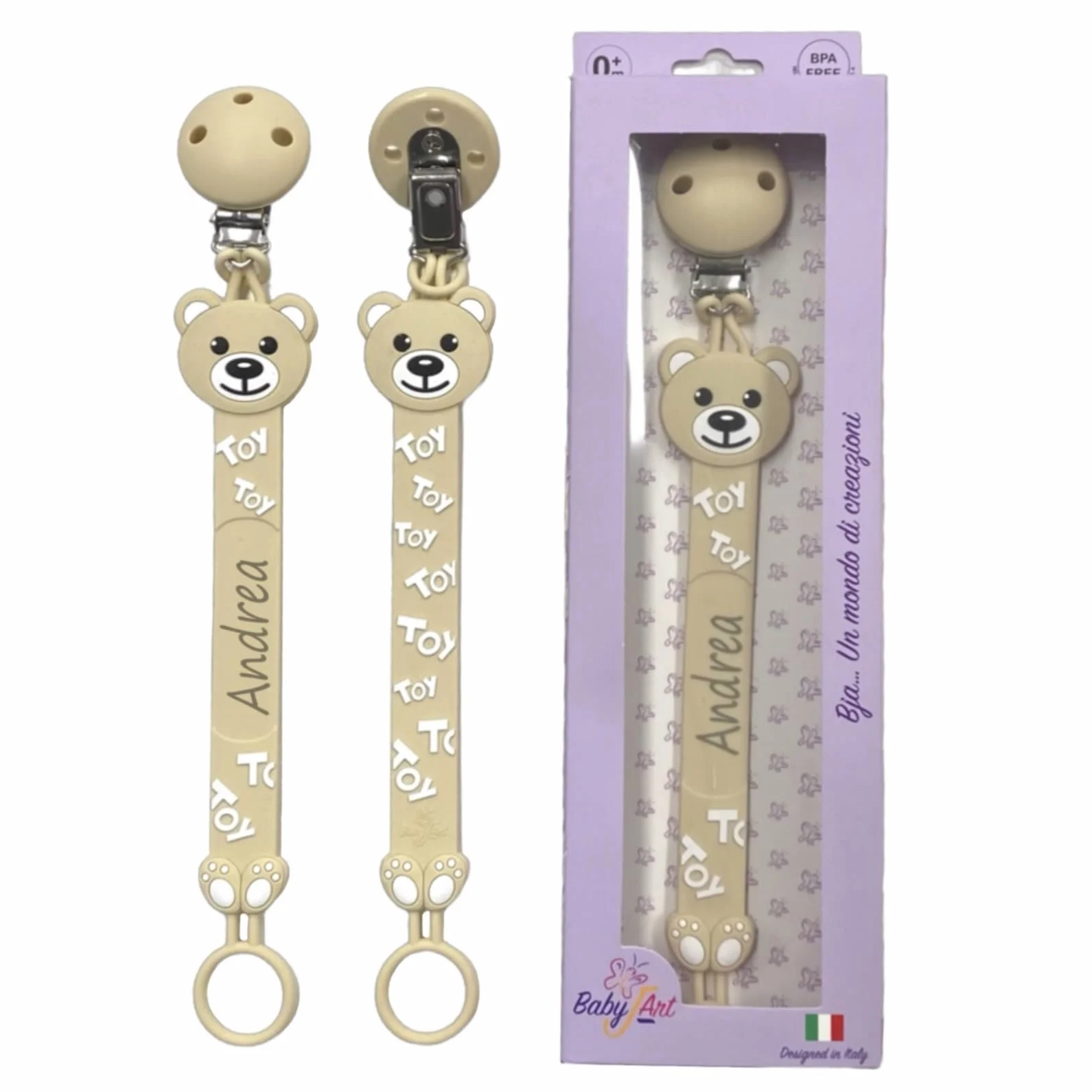 NOVITÁ Fettuccia IN SILICONE, per ciuccio personalizzata con nome, orsetto, BABYJART, lavabile,sicura per il bambino,compatibile con ciuccio MAM e CHICCO AZIENDA ITALIANA, MADE IN ITALY! Orso Beige