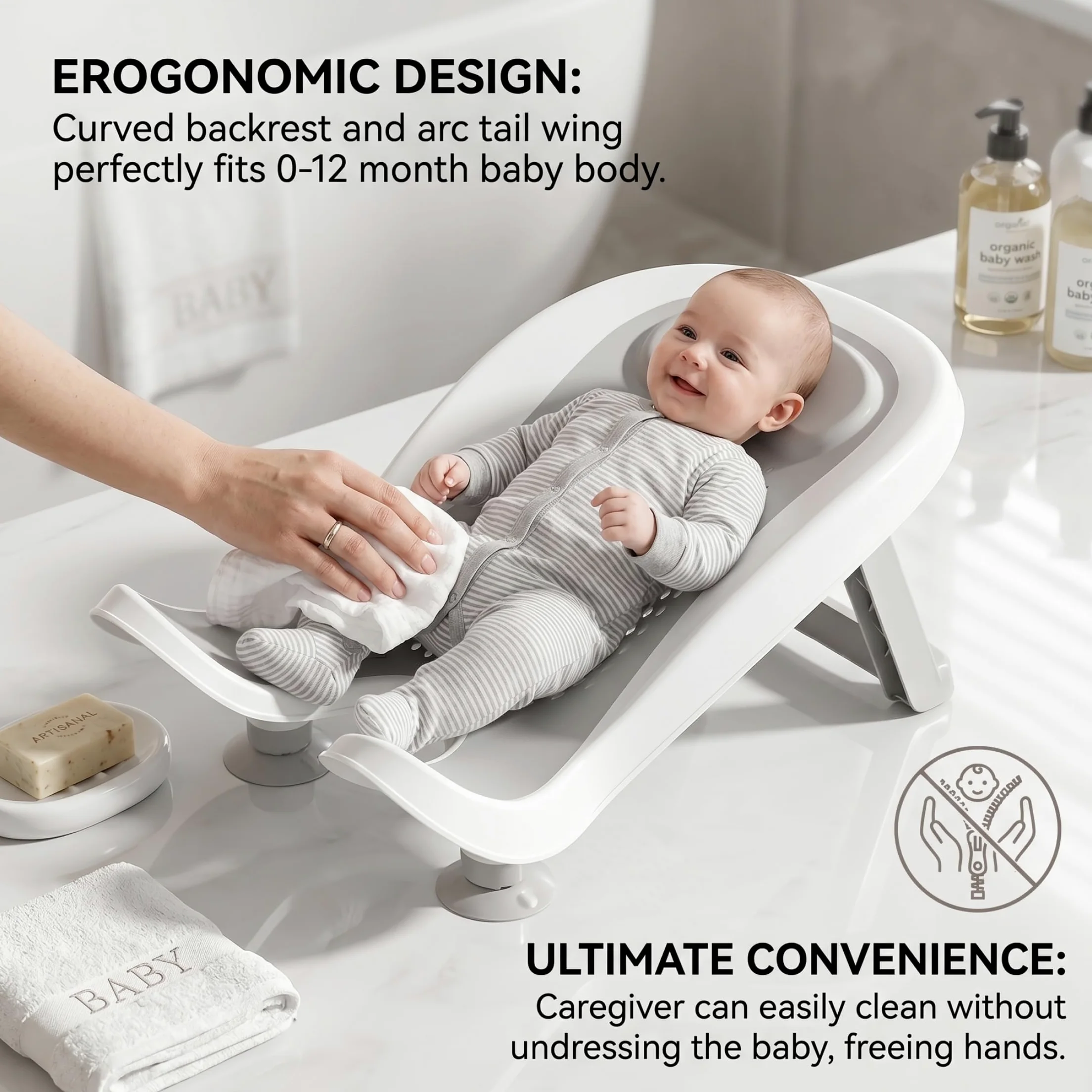 Sedili da bagno, Supporto per bagnetto, Vaschetta ergonomica per neonati con ventosa e soluzione per lavabo antiscivolo per gambe per 0-12 mesi - Grigio