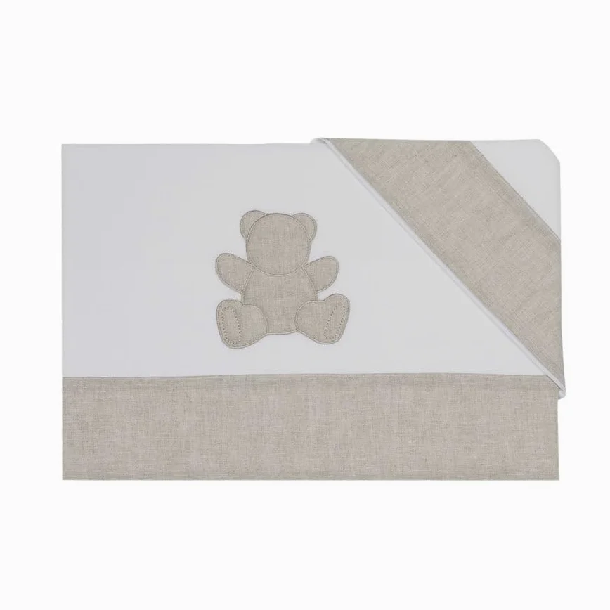 Lisola Set Lenzuola Neonato, per Lettino o Culla, Lenzuolo Sopra 120x180 cm + Federa 40x60 cm + Lenzuolo Sotto 60x130 cm, Made in Italy, in Puro Cotone, Decorato in Lino. Modello: Teddy