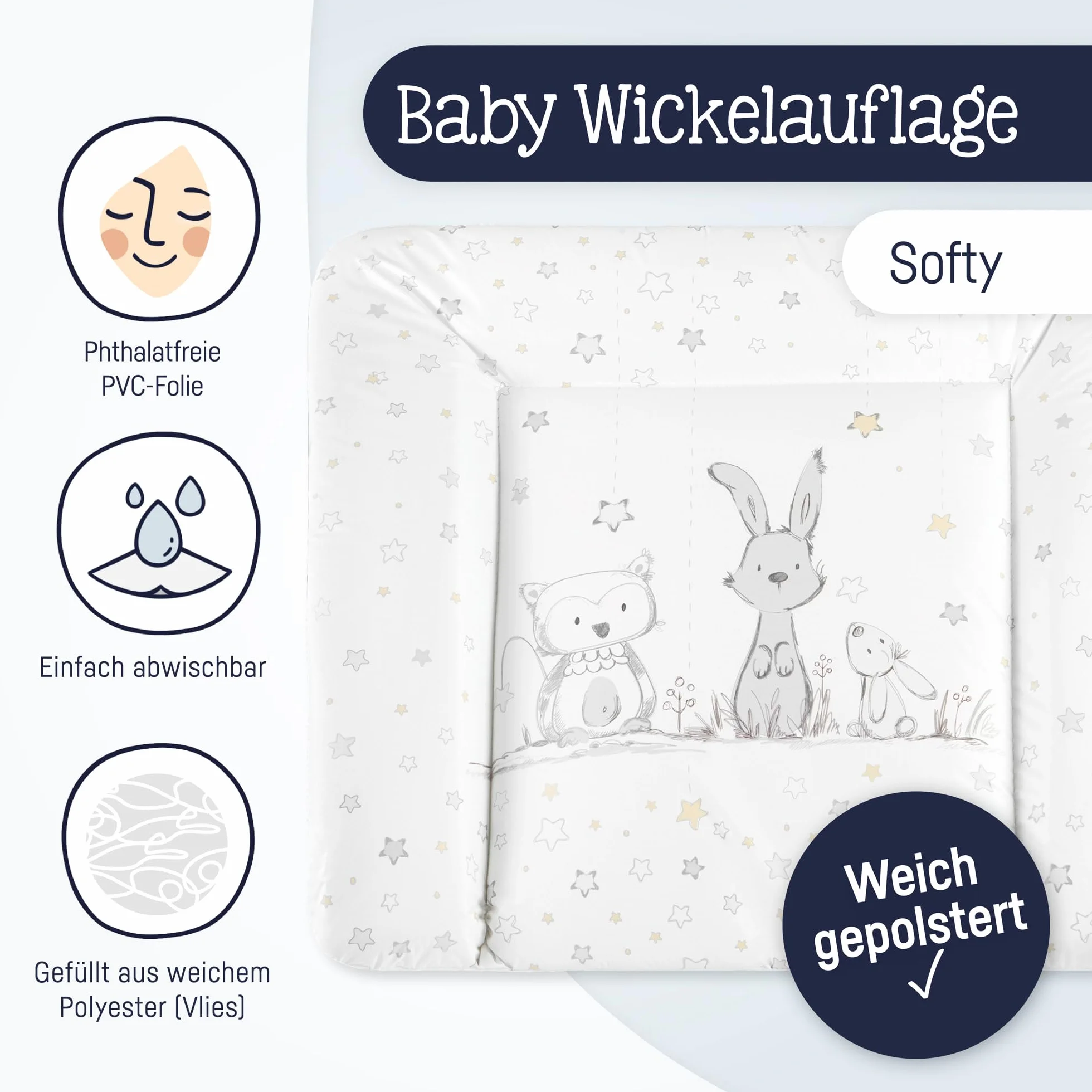 Julius Zöllner® Materassino fasciatoio Softy, 65 x 75 cm, morbido fasciatoio – pellicola impermeabile e lavabile – Made in Germany – Oeko-Tex Standard 100 – Amici delle stelle