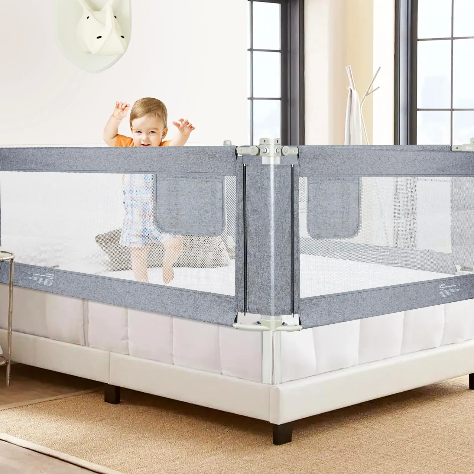 Sponde Letto Bambini，Barriera Letto Bambini，Sponda di Sicurezza per Bambini con Doppio Blocco di Sicurezza per Bambini, Altezza Regolabile，protezione da caduta，1PCS(Grigio) 180cm