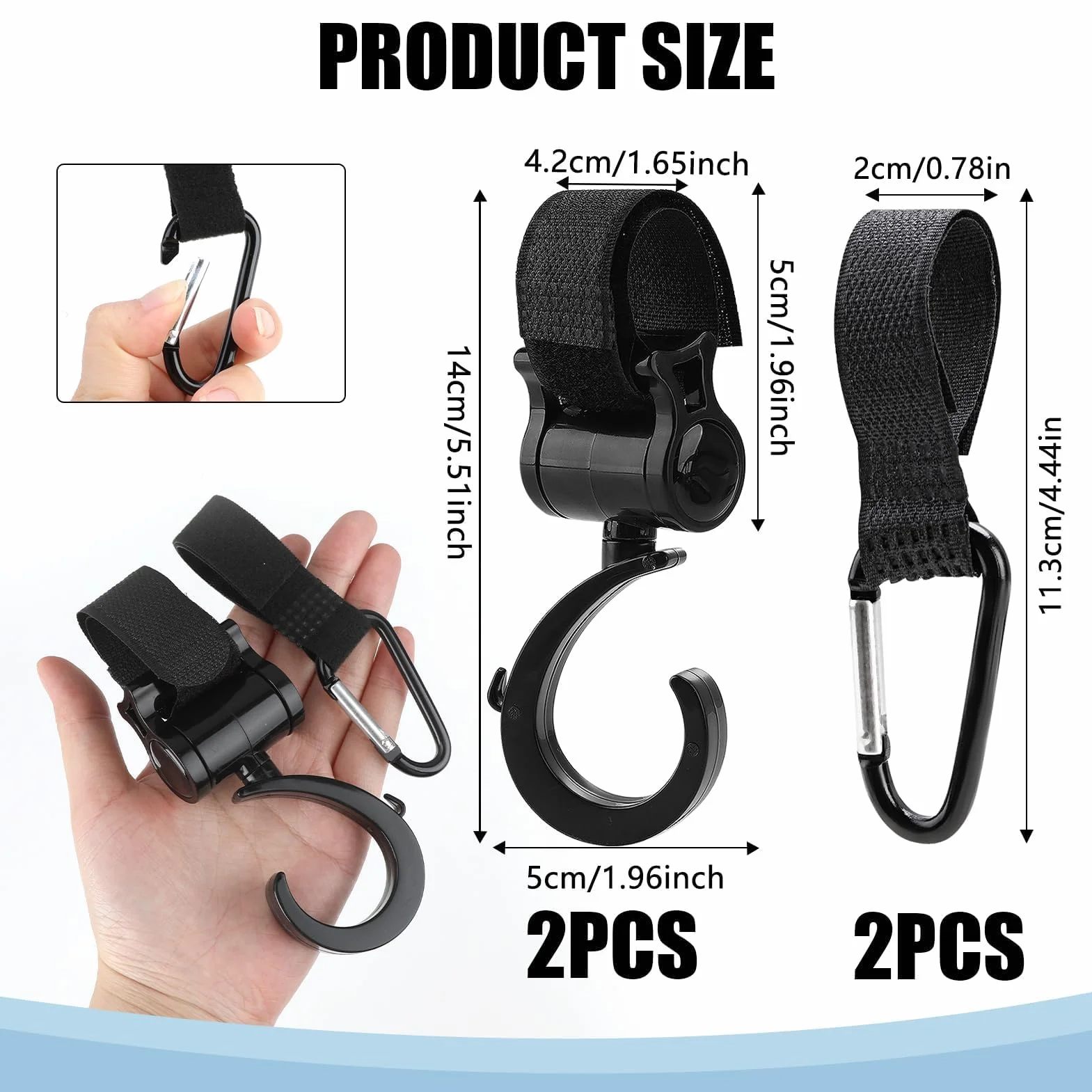 4 Pezzi Ganci Passeggino, Ganci per Passeggino Universale Leggero Rotanti Appendi, Multiuso Gancio Clip con Chiusura Regolabile, Ganci Appendere per La Spesa Borse Pannolini Borsette (Nero)