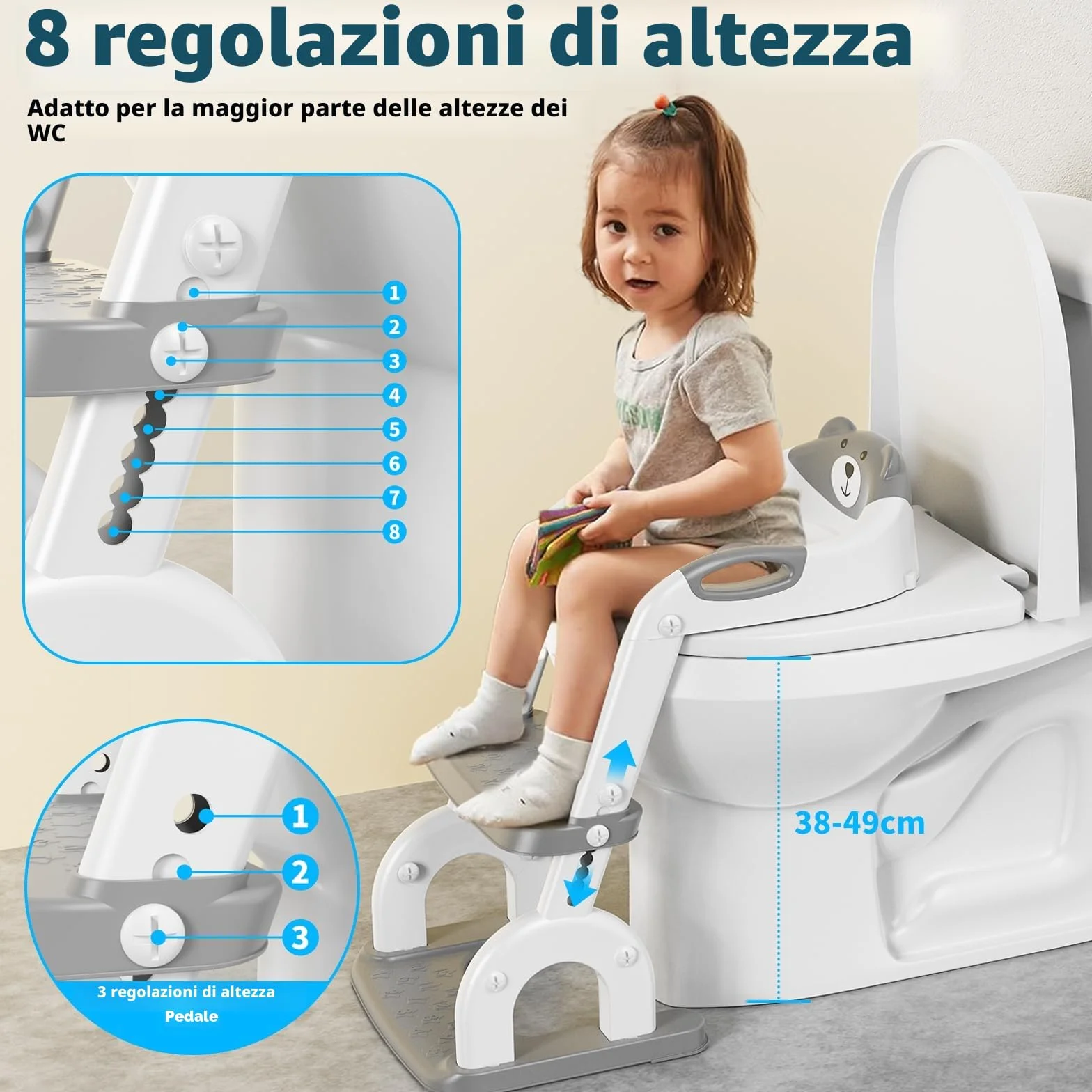Sedile WC per bambini con scale, accessorio per WC aggiornato, per bambini e bambine, 2 in 1, con scale, regolabile in altezza, comodi sedili per WC sicuri, poggiapiedi per bambini