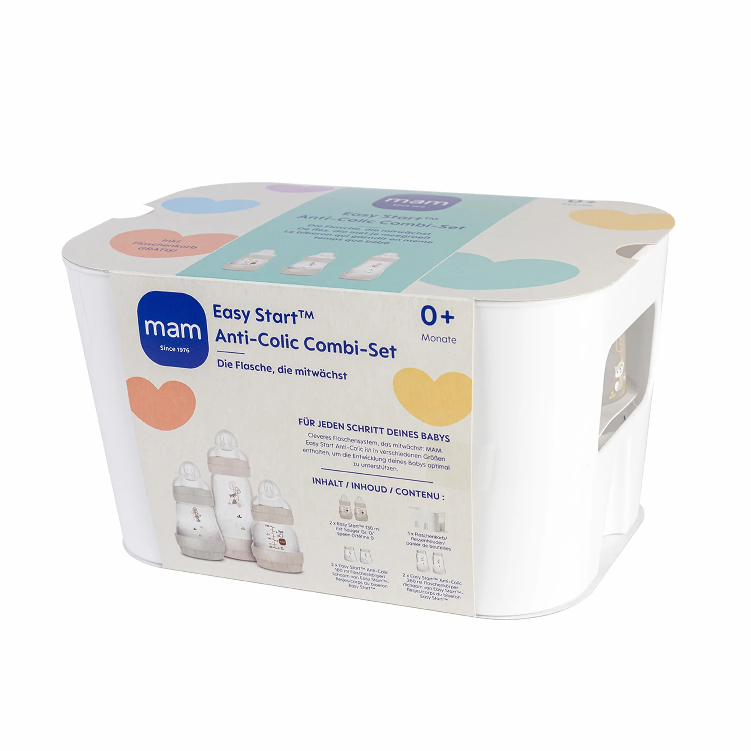 MAM Easy Start - Set di 6 biberon anti-coliche (2 x 130 ml, 160 ml, 260 ml) e cestino per biberon, colore: Beige