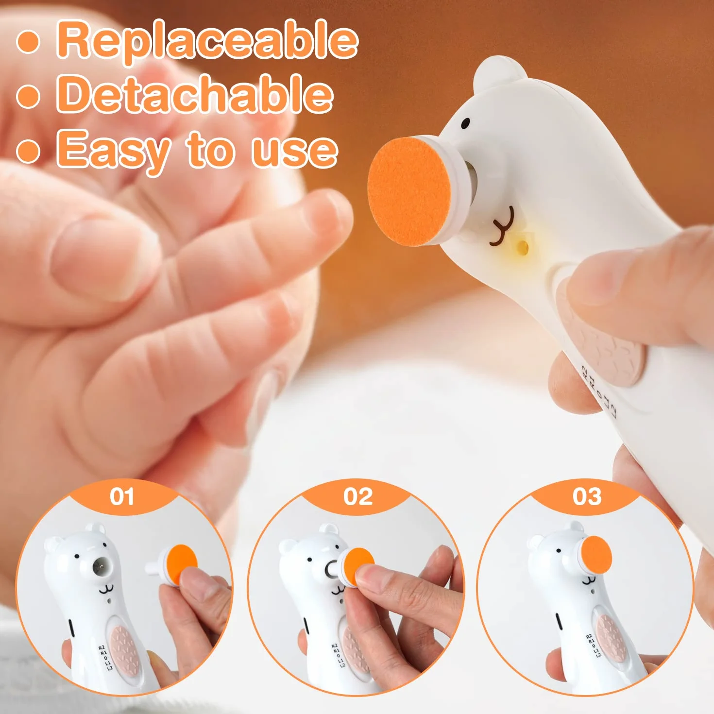 haakaa Electric Nail Trimmer Replacement Pads Baby Nail Trimmer Heads for Standard Baby Nail File, Suitable for 12+Months, Orange