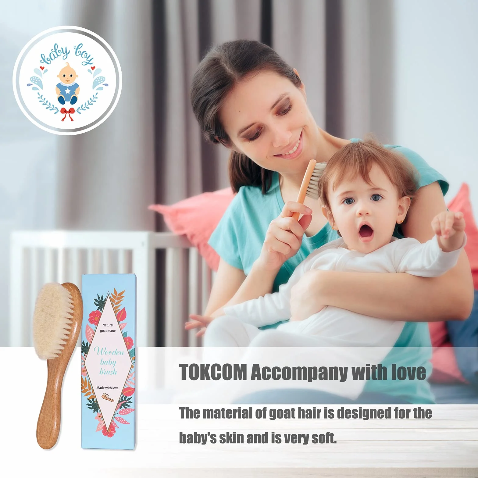 Spazzola per capelli per bebè, Spazzola per massaggi per bebè con manico in legno e setole di capra super morbide per neonati e bambini piccoli