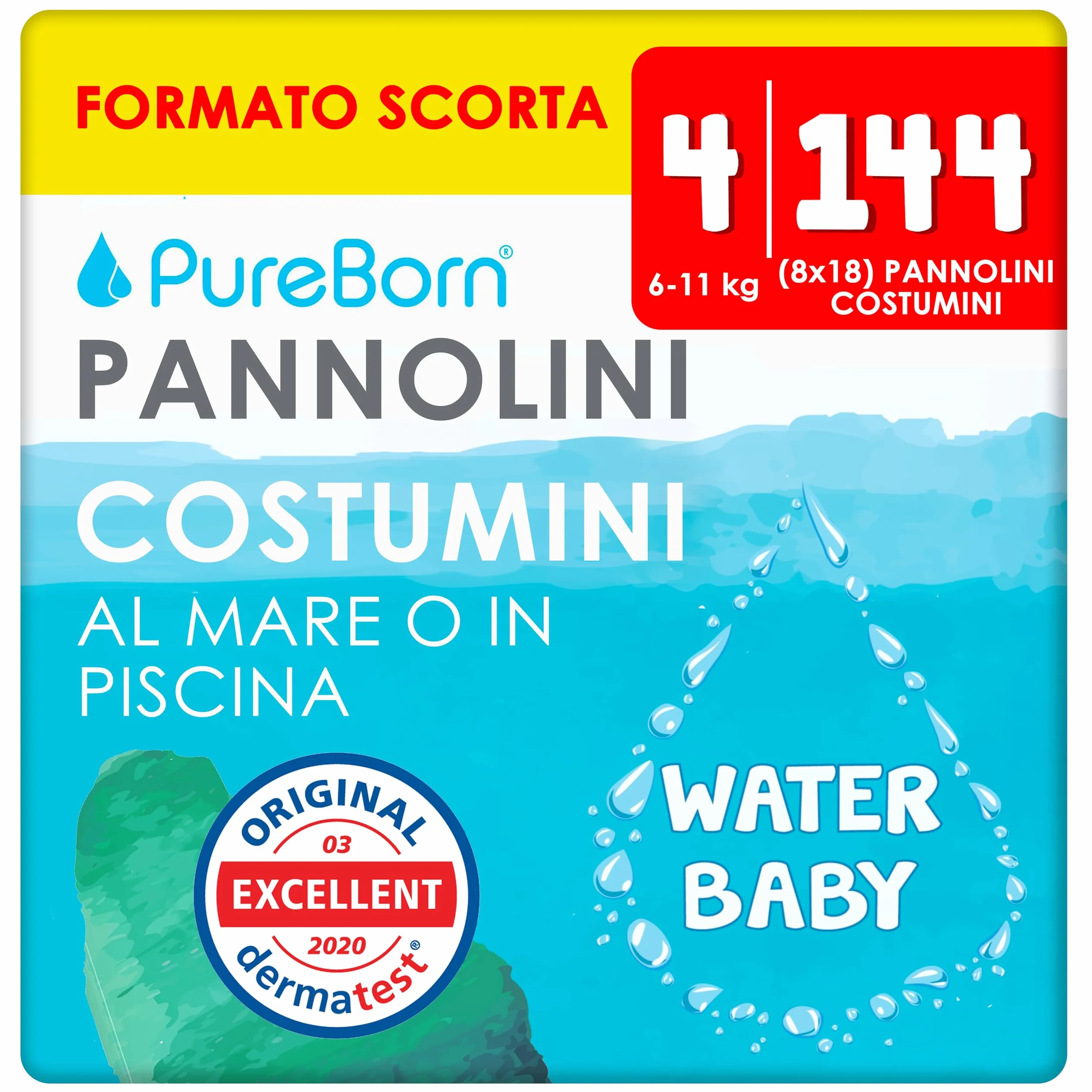 PureBorn 144 Pannolini Costumini Taglia 4 (6-11kg), Ideali per Mare e Piscina, Impermeabili, Comodi e Pratici, Anti-Fuoriuscita