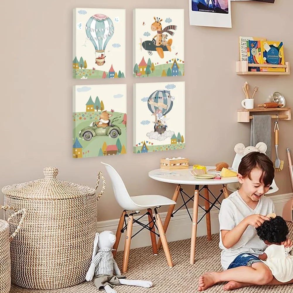 KAIRNE Set di 4 poster con animali, per la cameretta dei bambini, con cornice (20 x 25 cm), con mongolfiera, immagini da parete per la cameretta dei bambini, decorazione per la giungla e gli animali