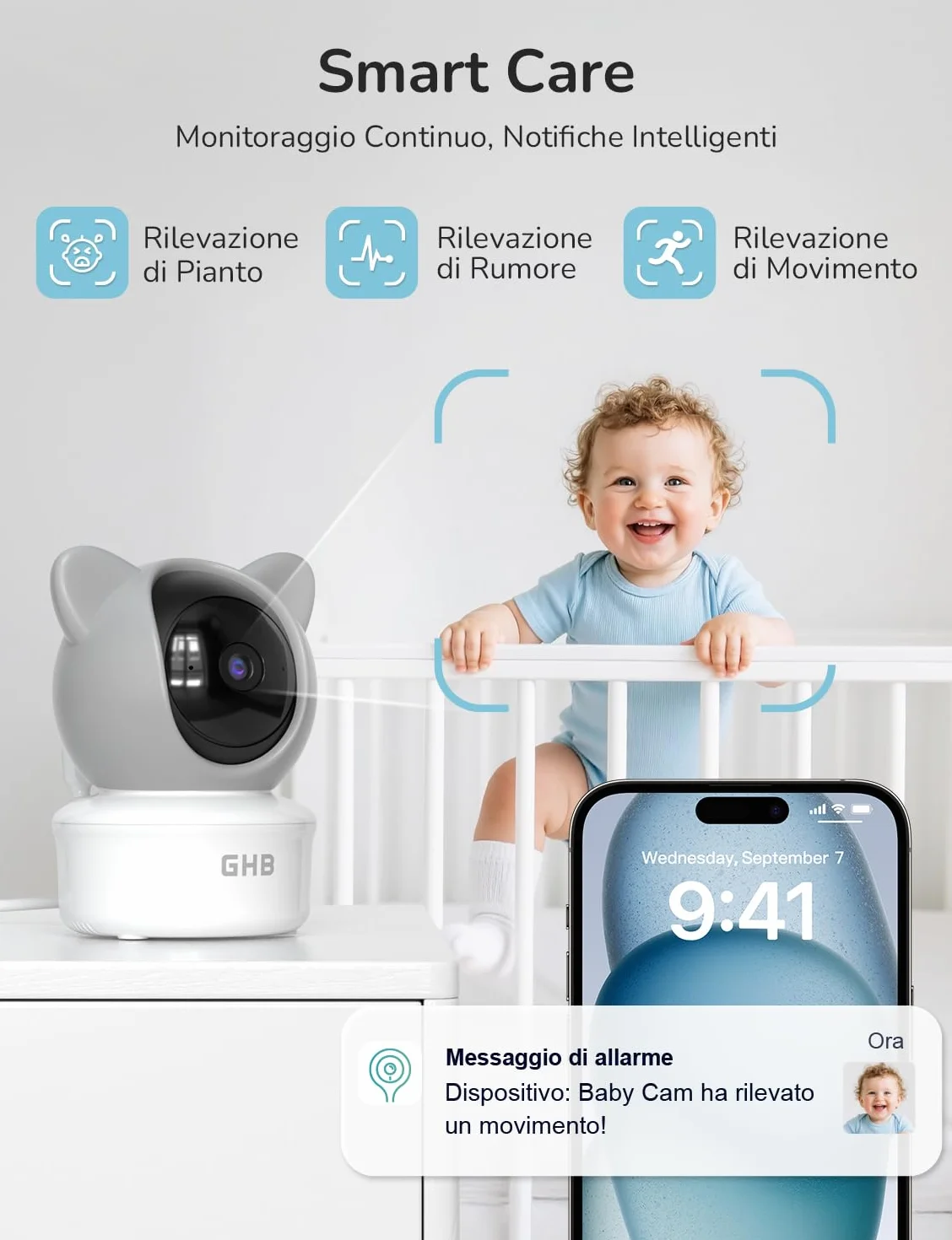 GHB Baby Monitor Video e Audio 5", Telecamera 2K, 350°/65° PTZ, 3000mAh, Controllo Tramite App e Monitor IPS, Rilevamento di Movimento/Pianto/Temperatura, Visione Notturna