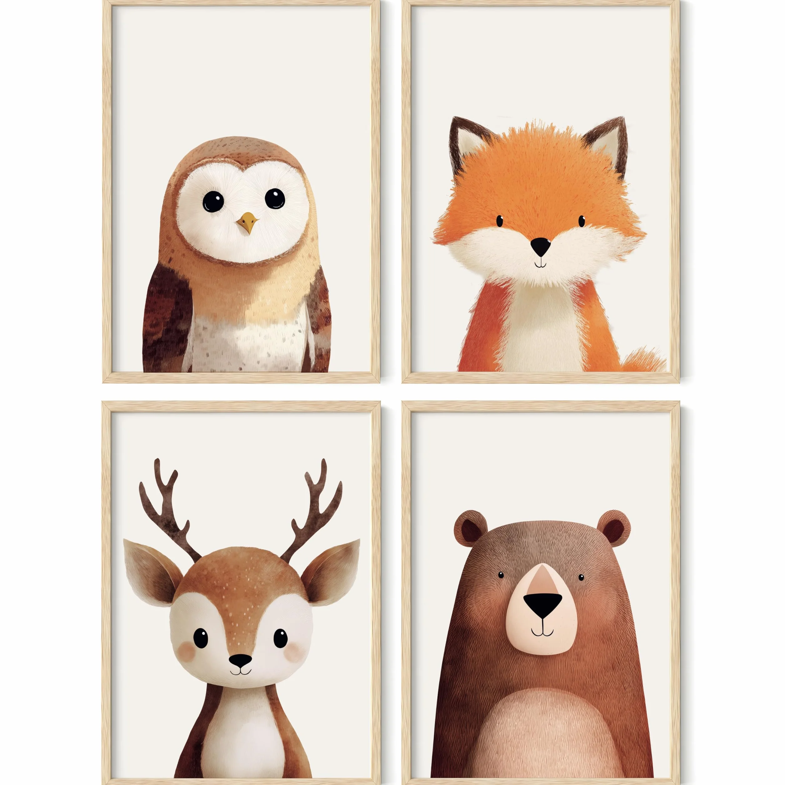 PACKLIST® Set 4 Quadretti Cameretta Neonato – Poster Animali del Bosco (Orso, Volpe, Cervo, Gufo) – Stampe A4 Premium 250g – Decorazione Parete Bambini Senza Cornice – Idea Regalo Nascita