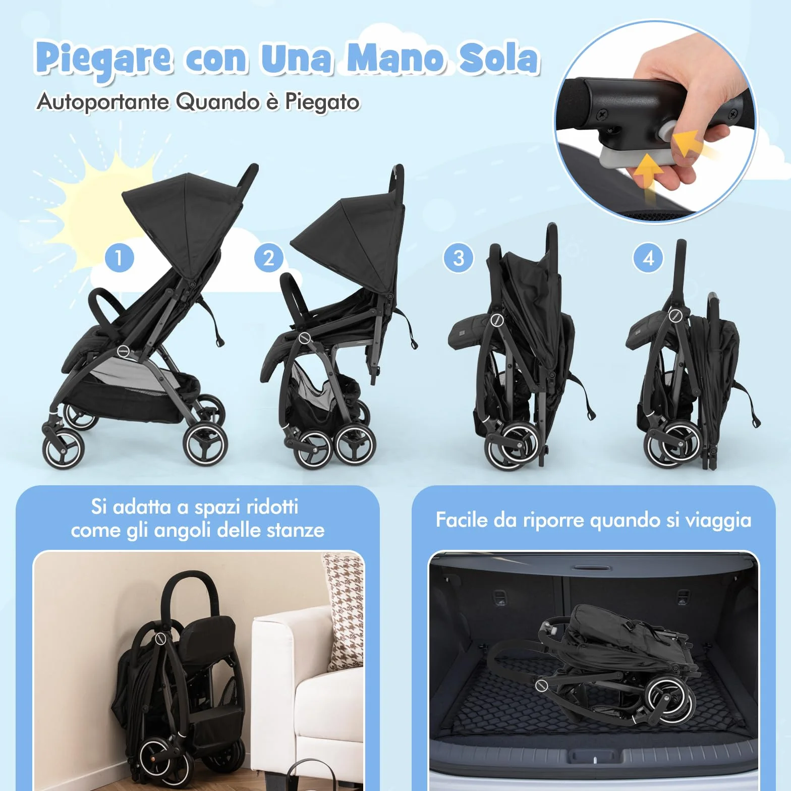 COSTWAY Passeggino Leggero per Bambini, Passeggino Pieghevole con Schienale Regolabile, Tettuccio, Cintura di Sicurezza a 5 Punti, Cestello Portaoggetti, per Bambini 0-36 Mesi (Nero)