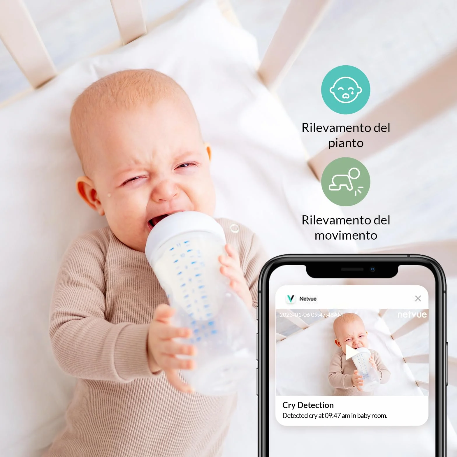 NETVUE Baby Monitor Video e Audio, Telecamera Bambini con Supporto 4 in 1, Controllo da HD 5" LCD Monitor e App Mobile, 3 Modalità di Rilevamento Intelligenti, Audio Bidirezionale, Visione Notturna