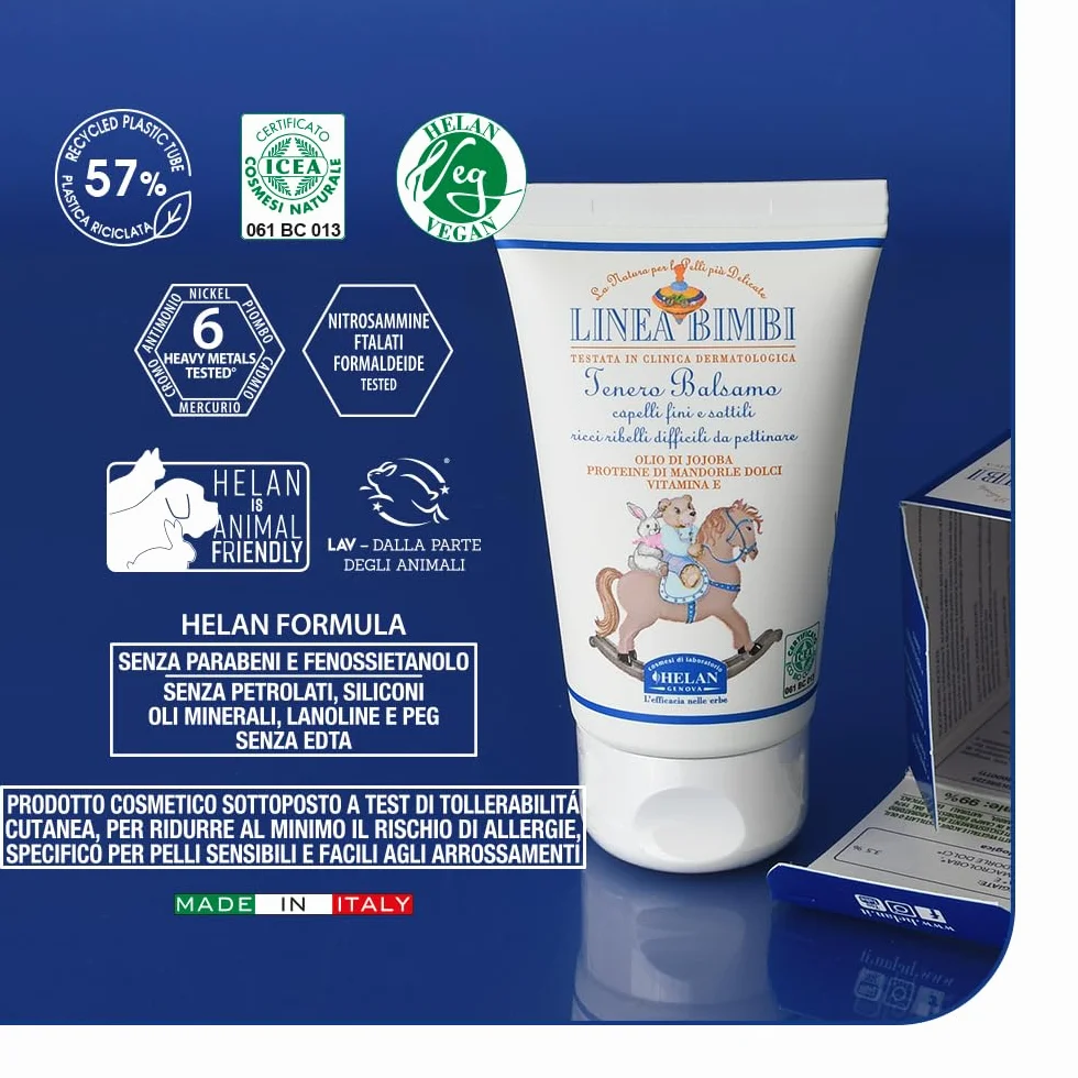 Helan, Linea Bimbi - Balsamo Capelli Ricci e Difficili da Pettinare Bambini, Districante Capelli Fini e Sottili Bambino e Bambina con Olio di Mandorle Dolci e Jojoba, Senza Parabeni e Siliconi - 50 ml