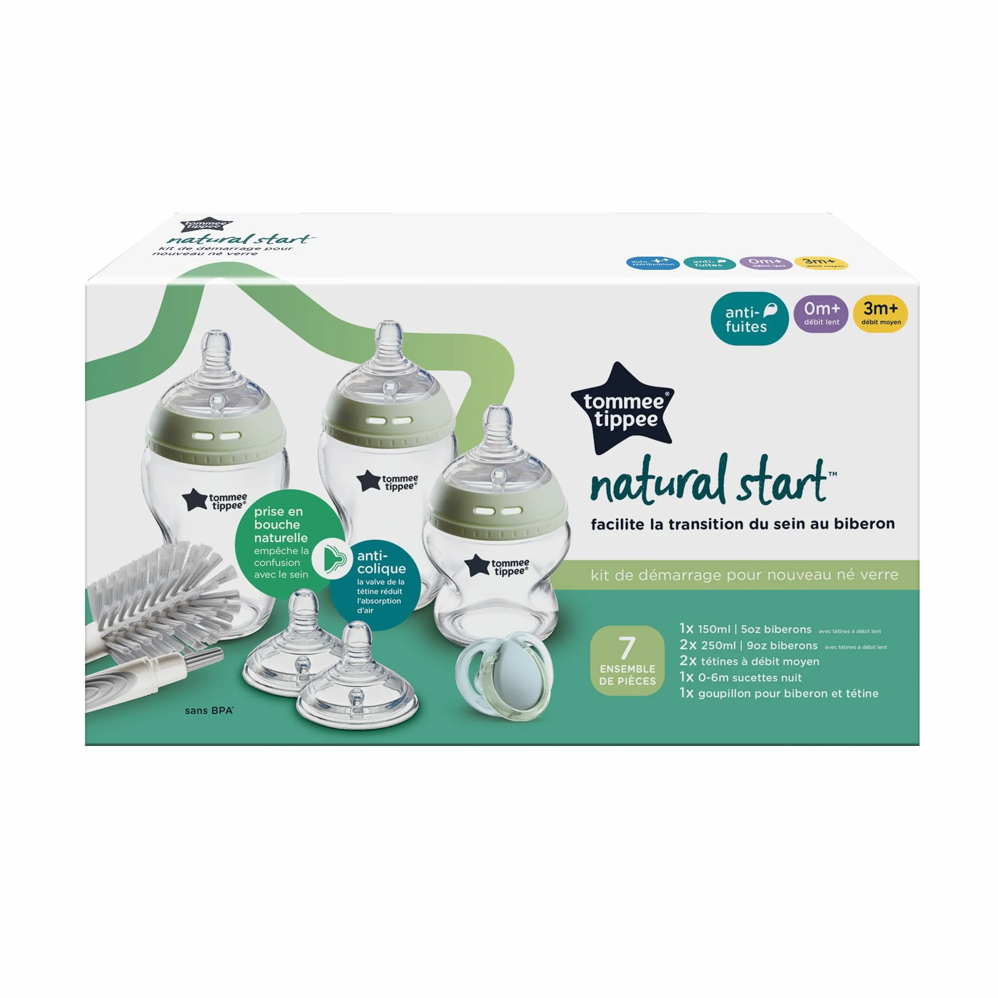 Tommee Tippee Biberon in vetro, set starter Natural Start, anti-coliche 150/250 ml, tettarelle a flusso medio per attaccamento naturale, autosterilizzante