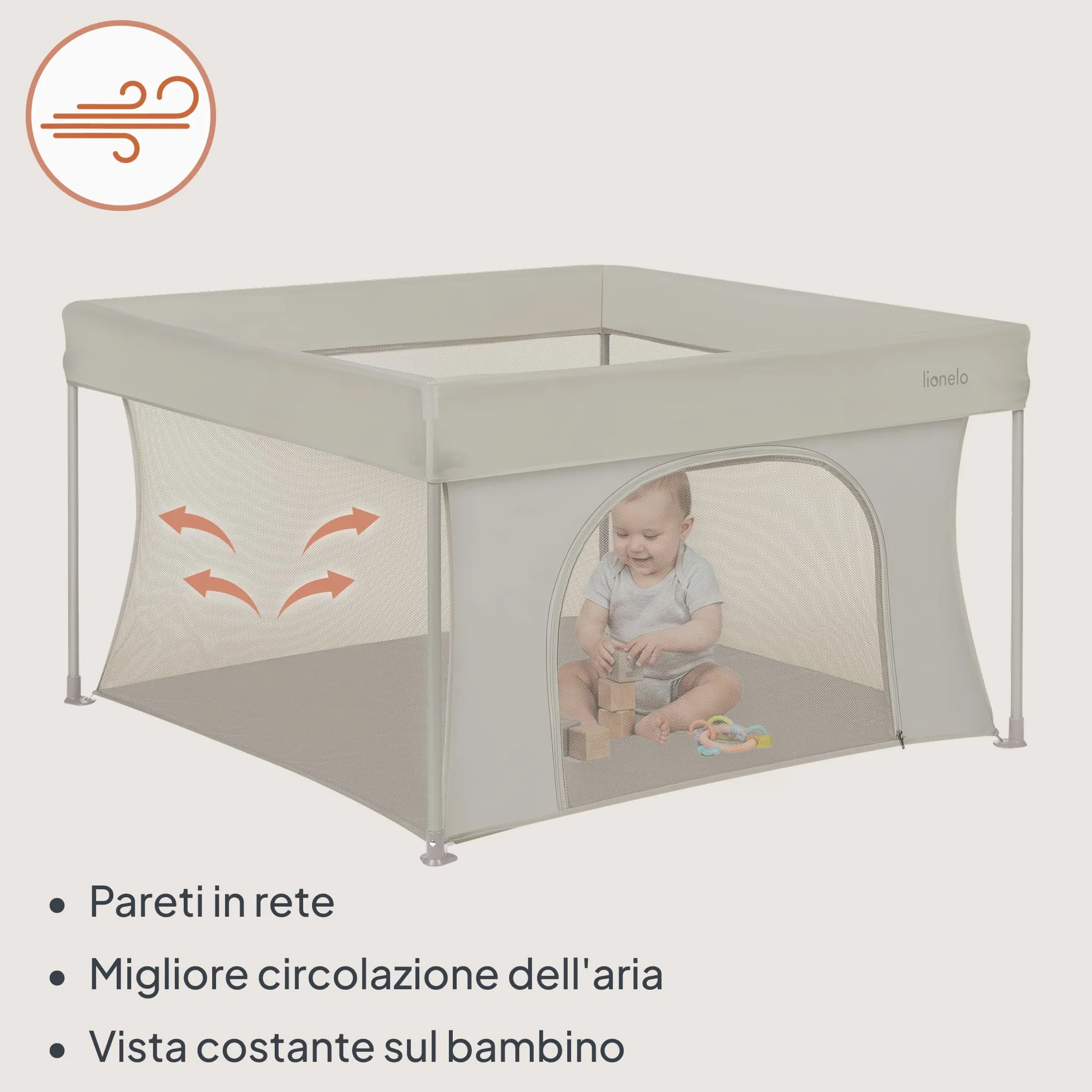 Lionelo PACO Box Bambini 0-48 mesi, Pieghevole, Compatto 111 x 111 cm | Per Piccoli Spazi, Lati in Rete Traspirante, Ingresso Laterale con Zip, Borsa Trasporto, Casa Giardino, fino 15 kg