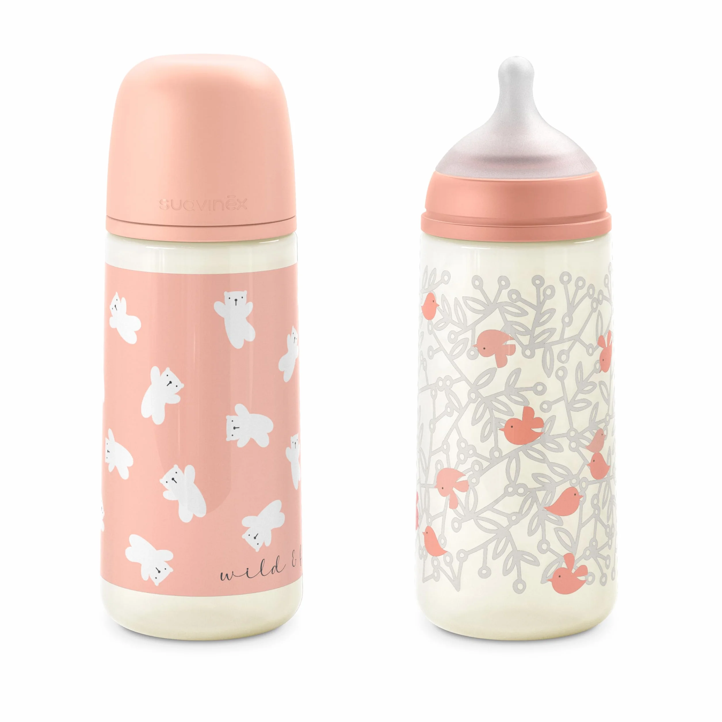 Suavinex, Confezione da 2 Biberon da 360 ml, Tettarella Fisiologica SX Pro in Silicone con Valvola Anticolica, Flusso Denso (L), Adatto per Pappe Liquide. ​​Neonati +6 Mesi. Birdies e Wild&Free, Rosa